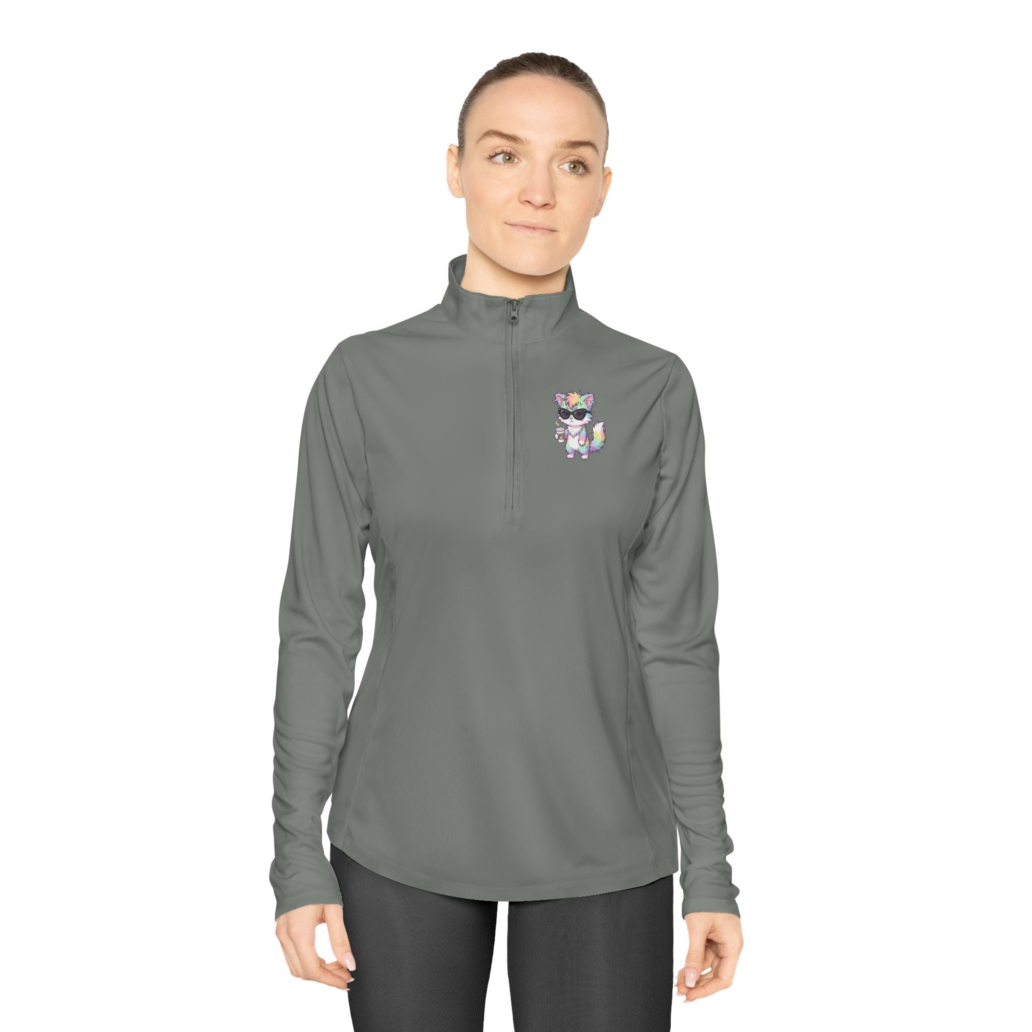 Cute Grumpy Rainbow Furry Ladies Quarter-Zip Pullover | Embroidered Pullover