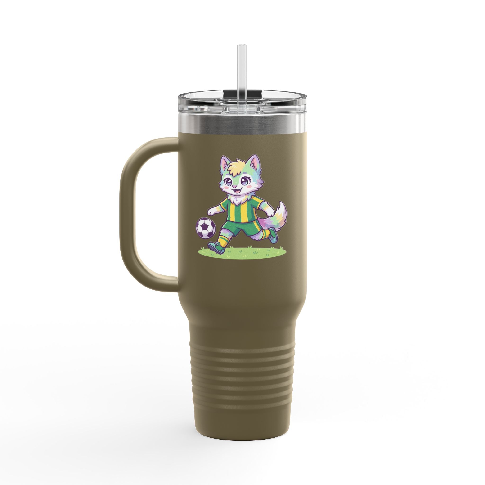 40oz Insulated Travel Mug — Cute Soccer Pastel Fox Design