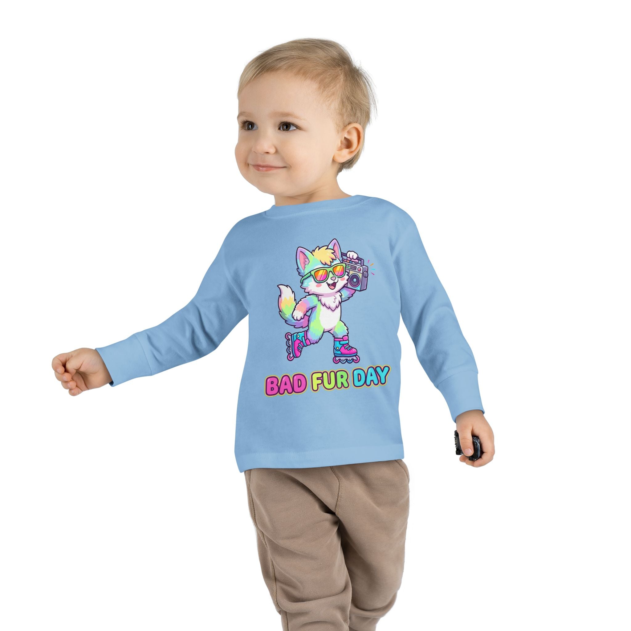 Toddler Long Sleeve Tee — "Bad Fur Day" Rainbow Roller Fox Kids Shirt