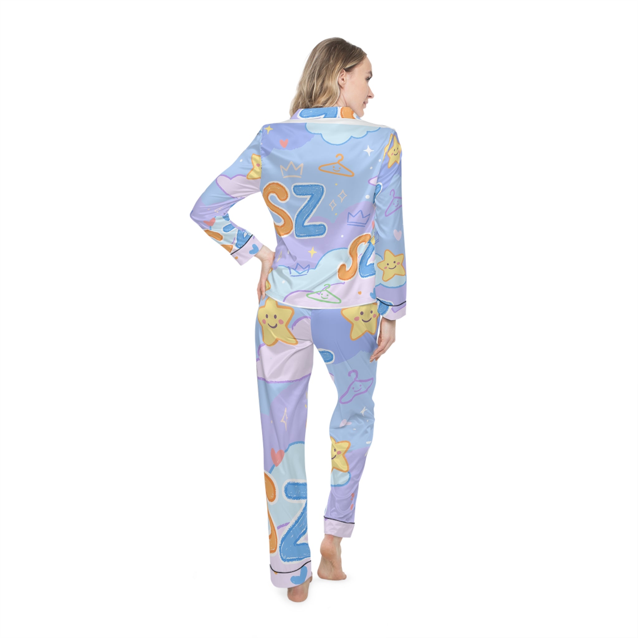 Satin Pajamas — Pastel Cute 'S Z' Star Print Sleep Set