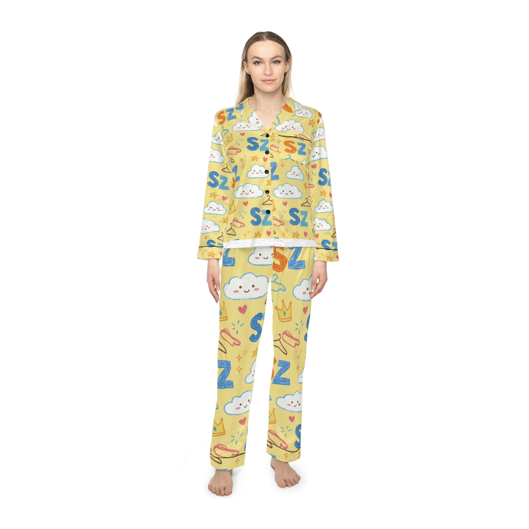 Women's Satin Pajama Set — Cute 'Zzz' Cloud & Star Sleepwear