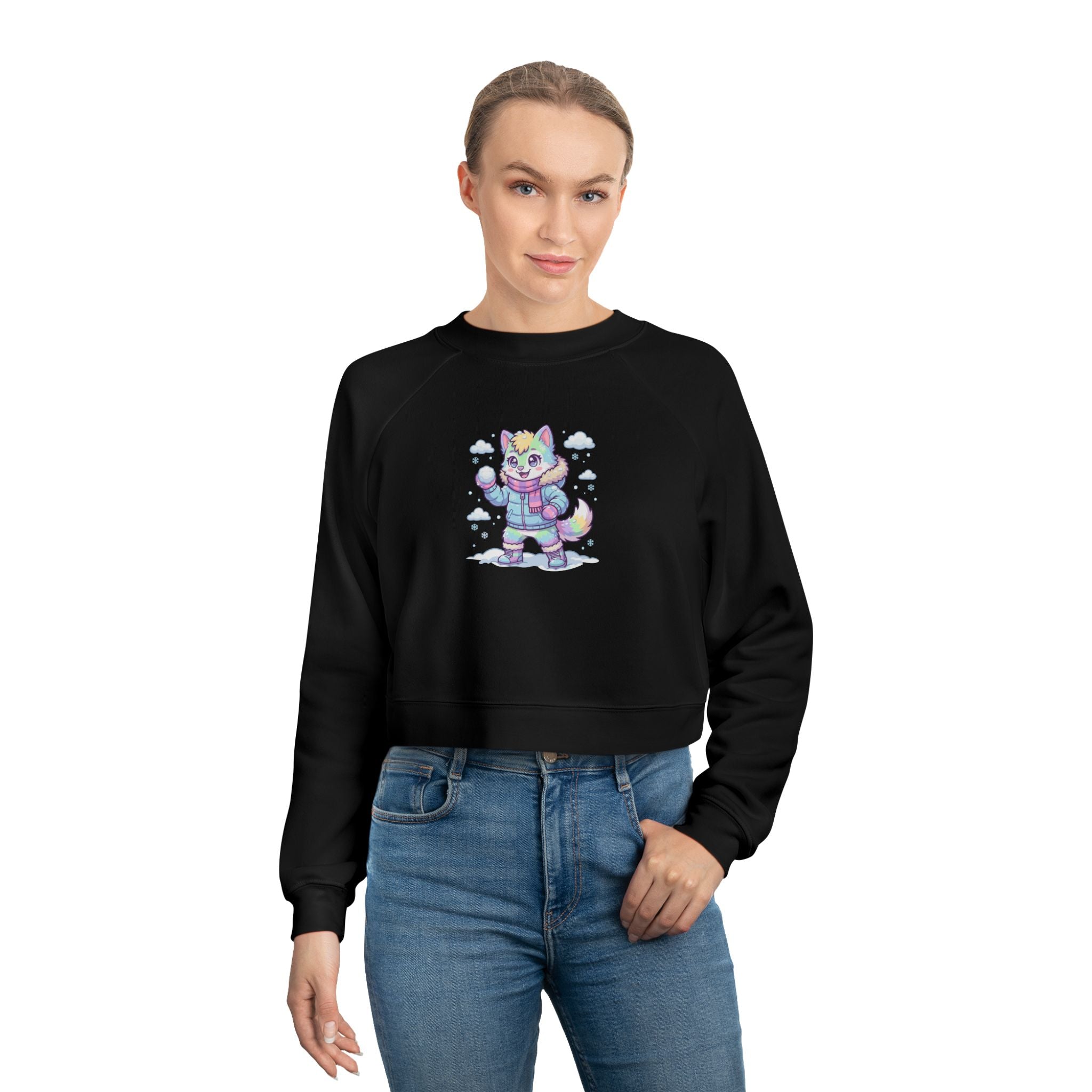 Winter Cropped Pullover | Pastel Lucky Cat Snowball Graphic