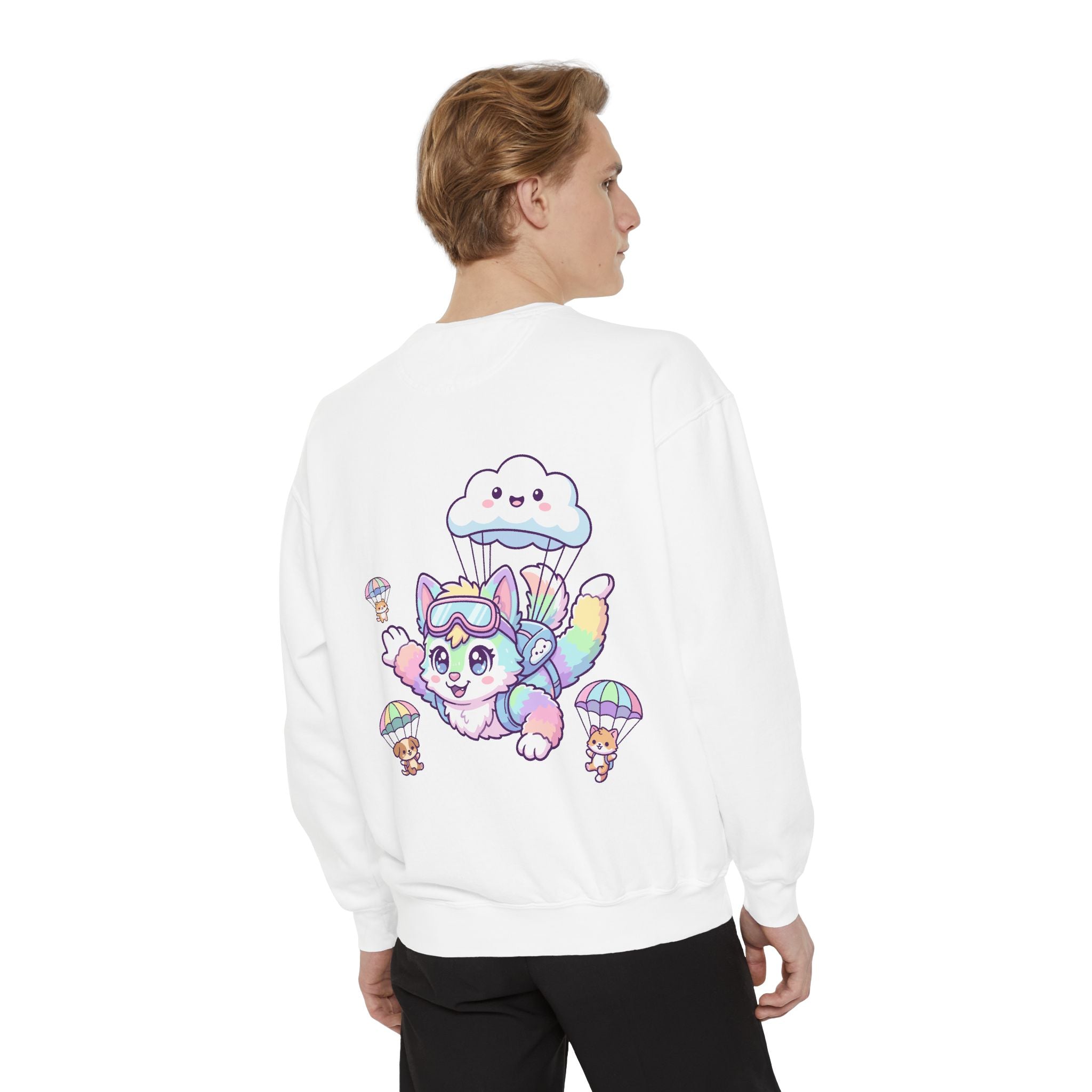 Cute Retro Rainbow Skydiving Furry Sweatshirt | Pocket Graphic T-Shirt