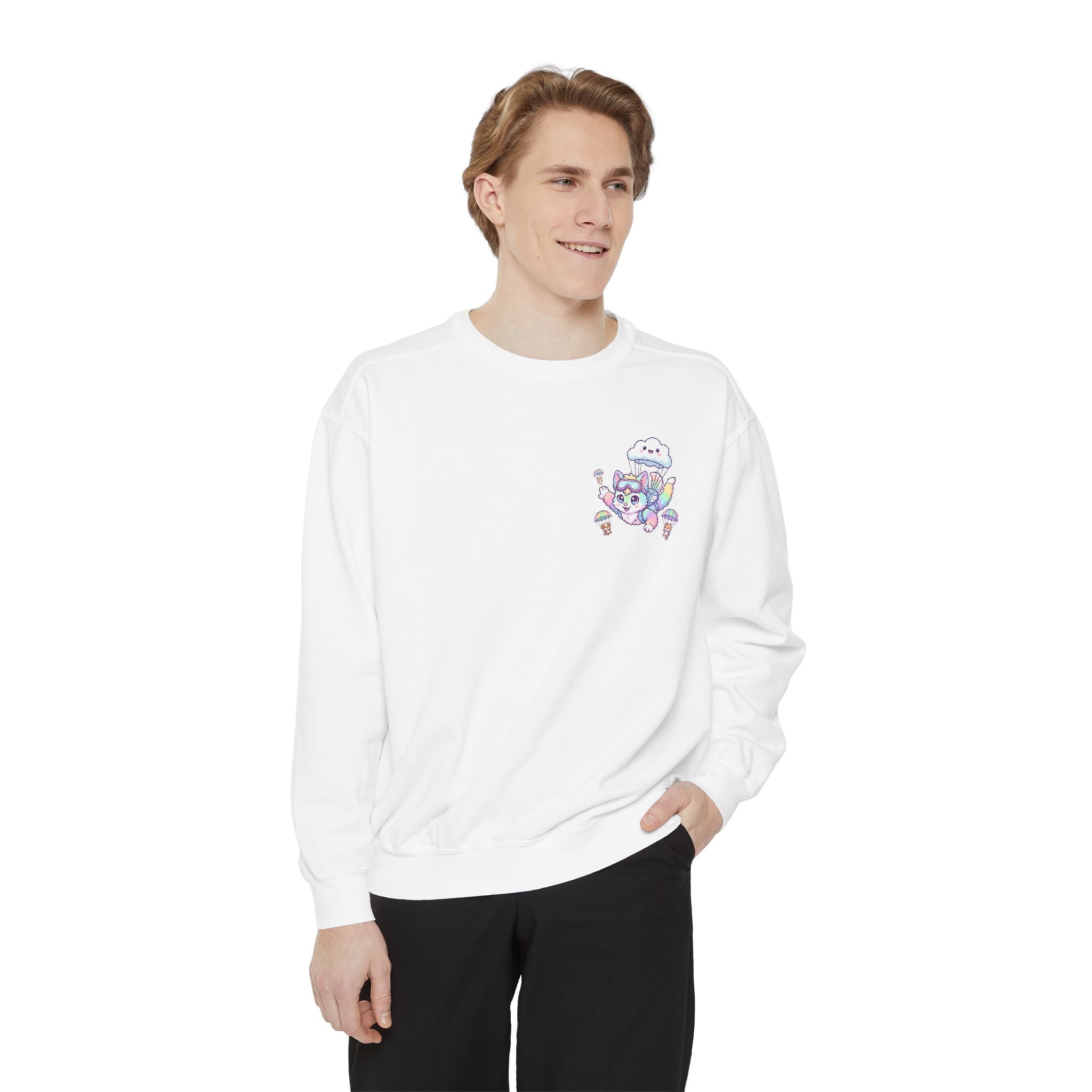 Cute Retro Rainbow Skydiving Furry Sweatshirt | Pocket Graphic T-Shirt