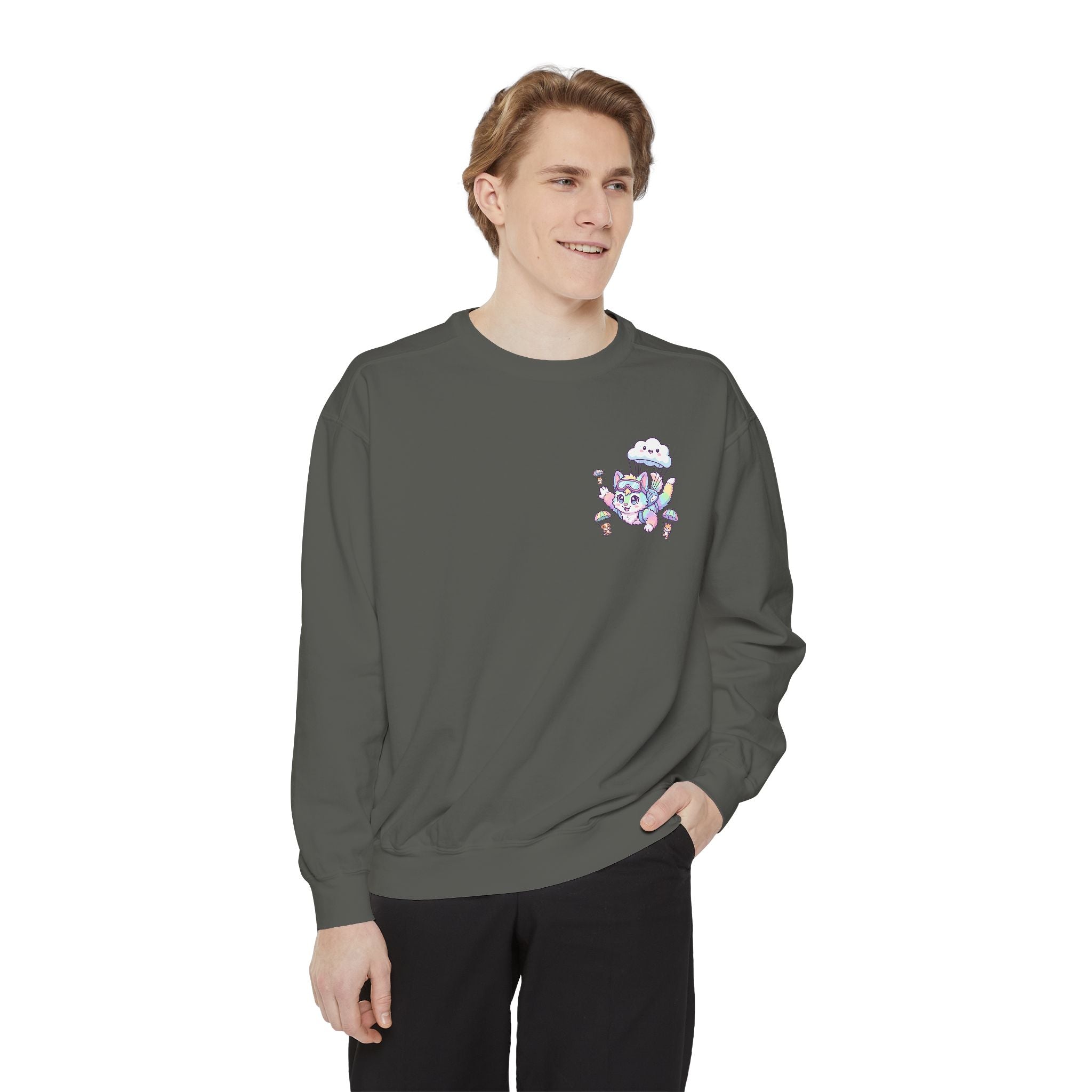 Cute Retro Rainbow Skydiving Furry Sweatshirt | Pocket Graphic T-Shirt