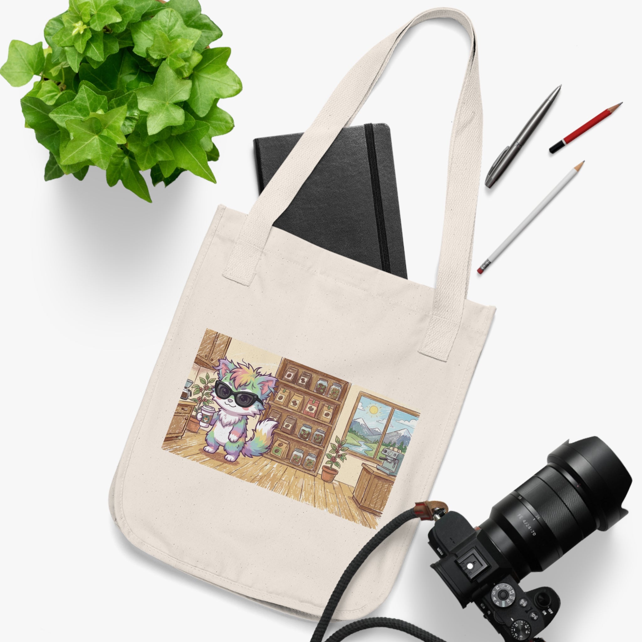 Coffee Cute Cat Bookshop Tote — Organic Canvas Bag with Sunglasses Cat Illustration