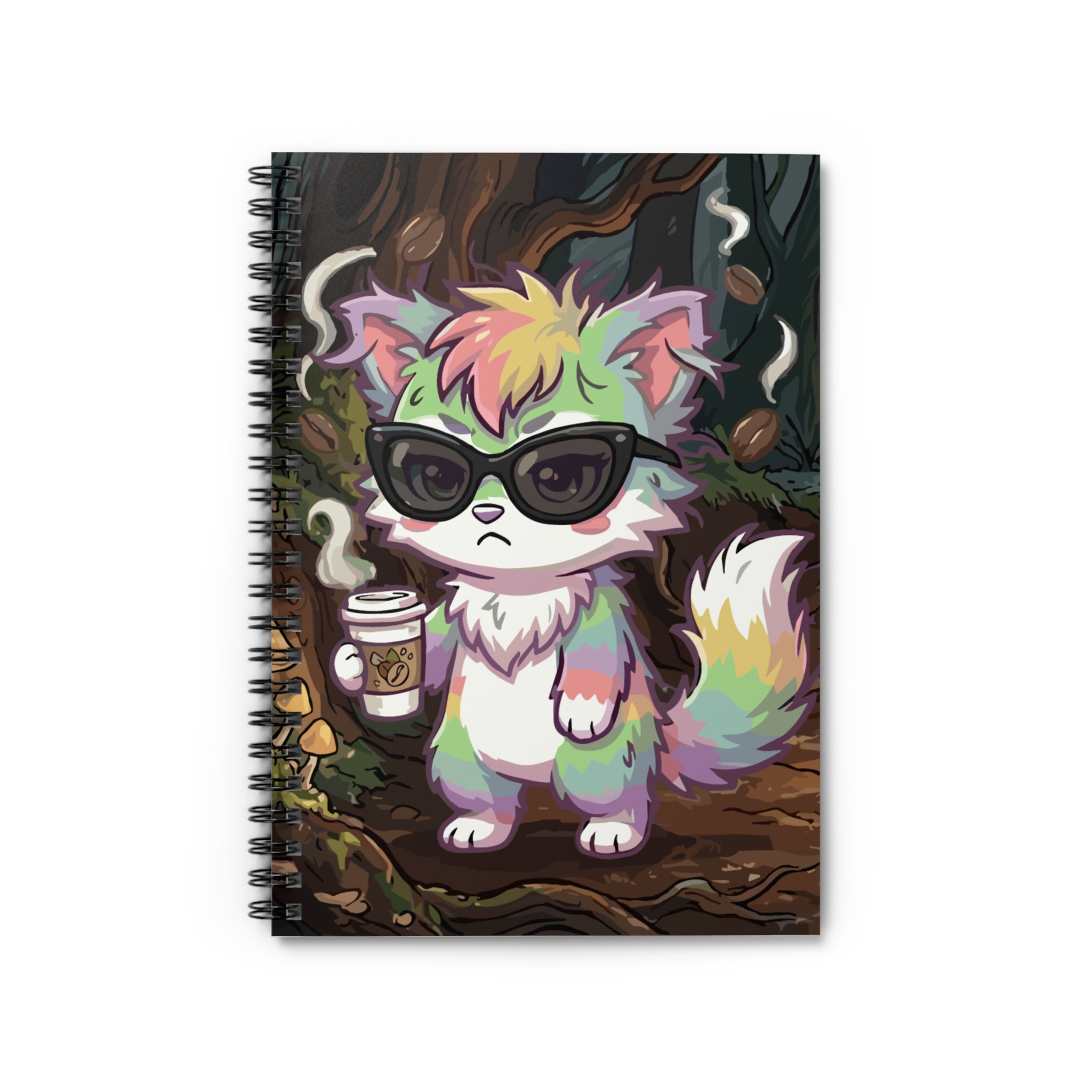 Notebook — Cool Rainbow Forest Cat with Sunglasses & Coffee (Ruled)