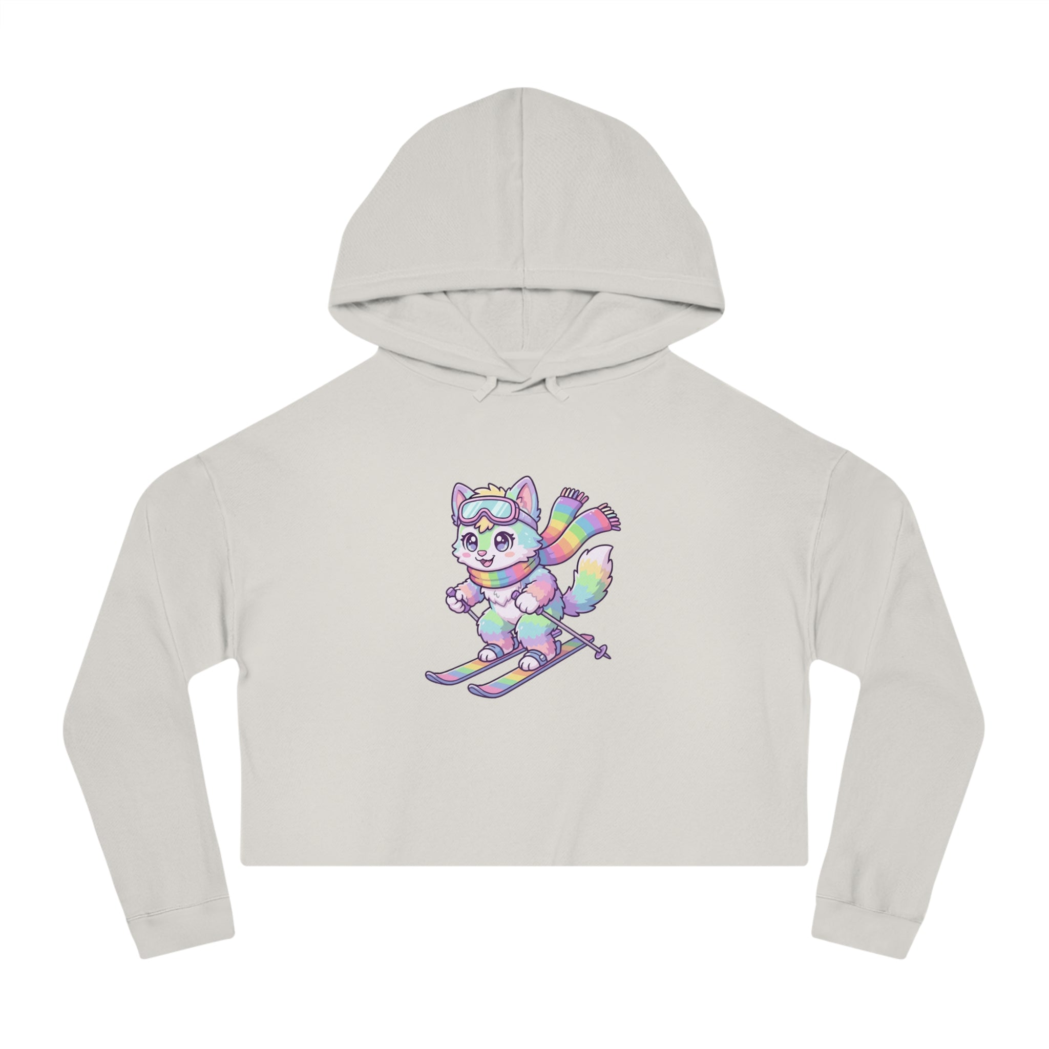 Rainbow Ski Cat Cropped Hoodie — Cute Pastel Cat Skiing Graphic Sweatshirt