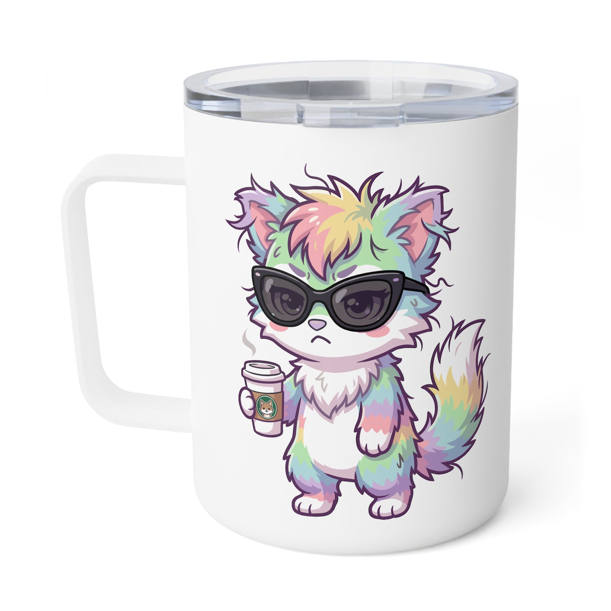 10oz Insulated Coffee Mug — Cute Grumpy Rainbow Furry Holding Coffee Cute Travel Tumbler