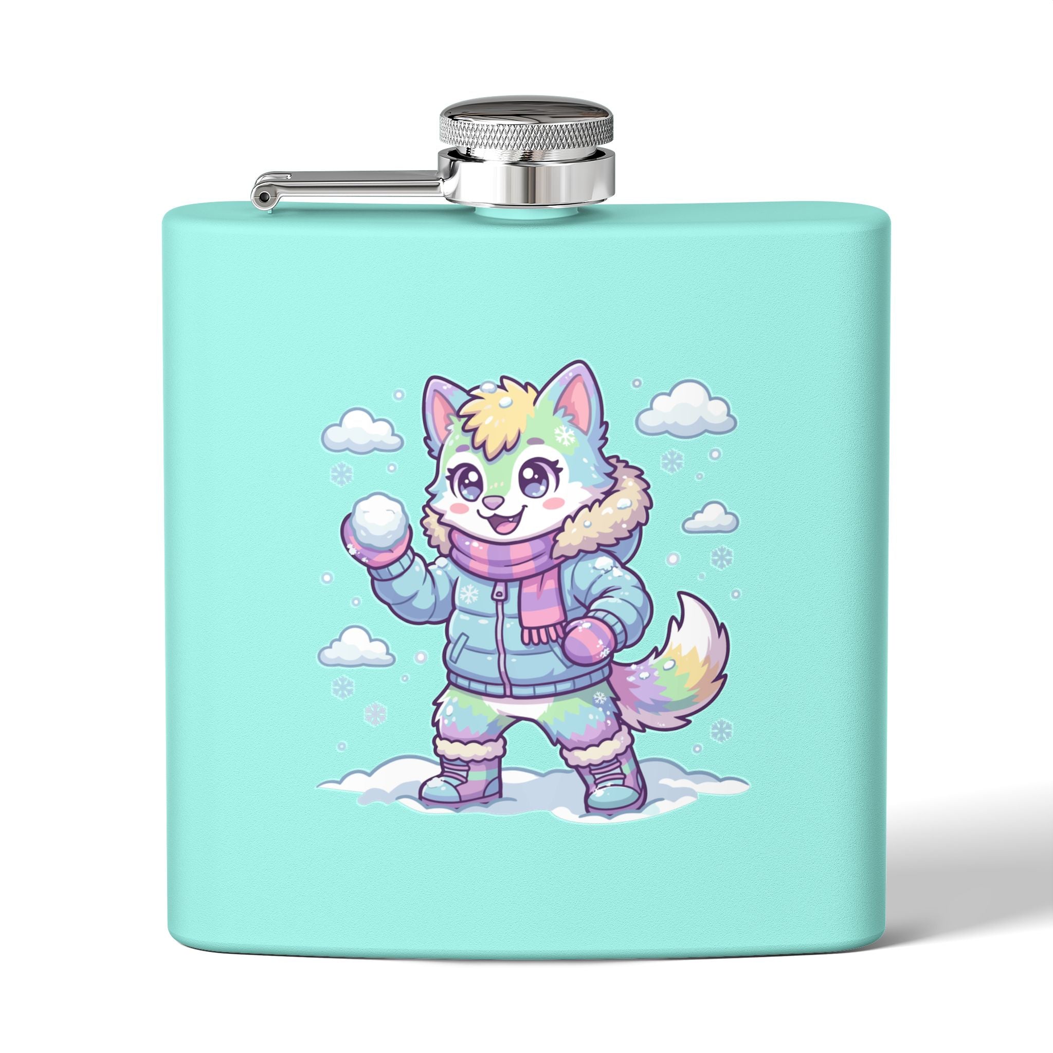 6oz Stainless Steel Flask — Cute Pastel Arctic Pup Snowball Design