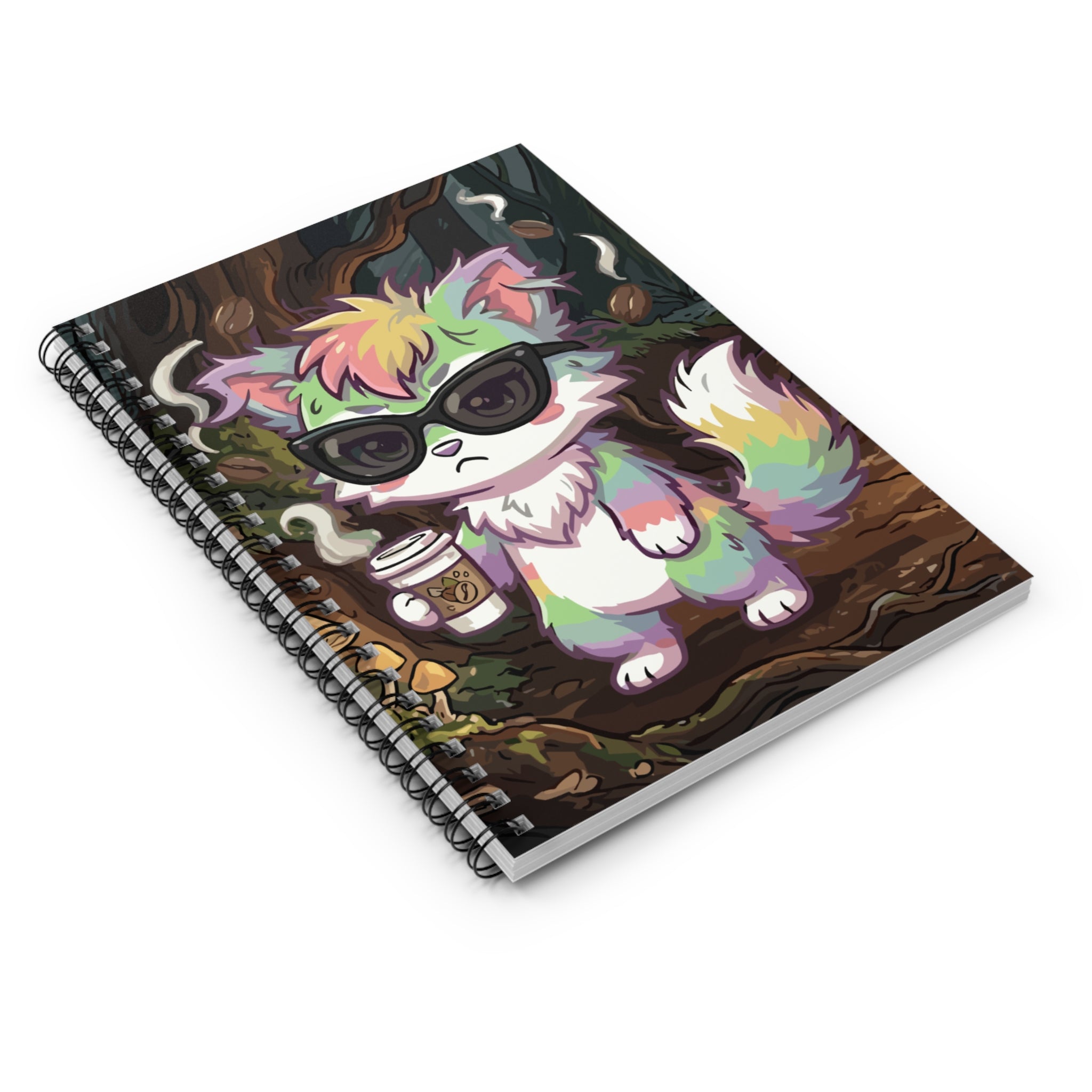 Notebook — Cool Rainbow Forest Cat with Sunglasses & Coffee (Ruled)
