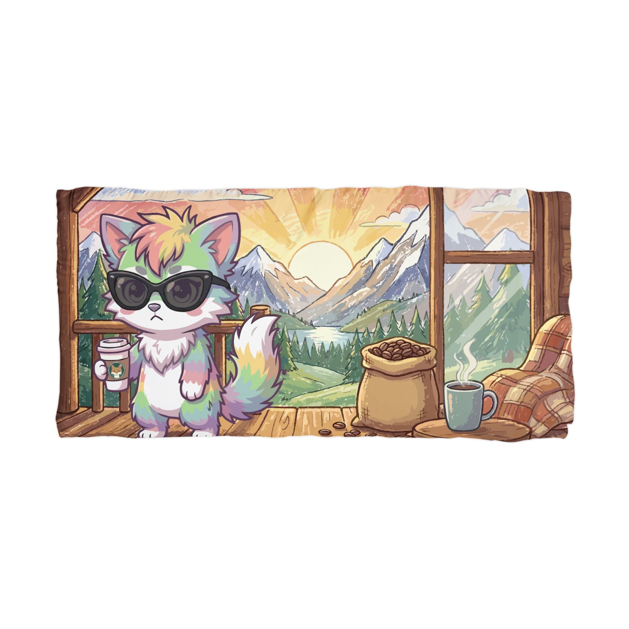 Cute Rainbow Cat Microfiber Pillowcase — Scenic Sunrise Cabin Design