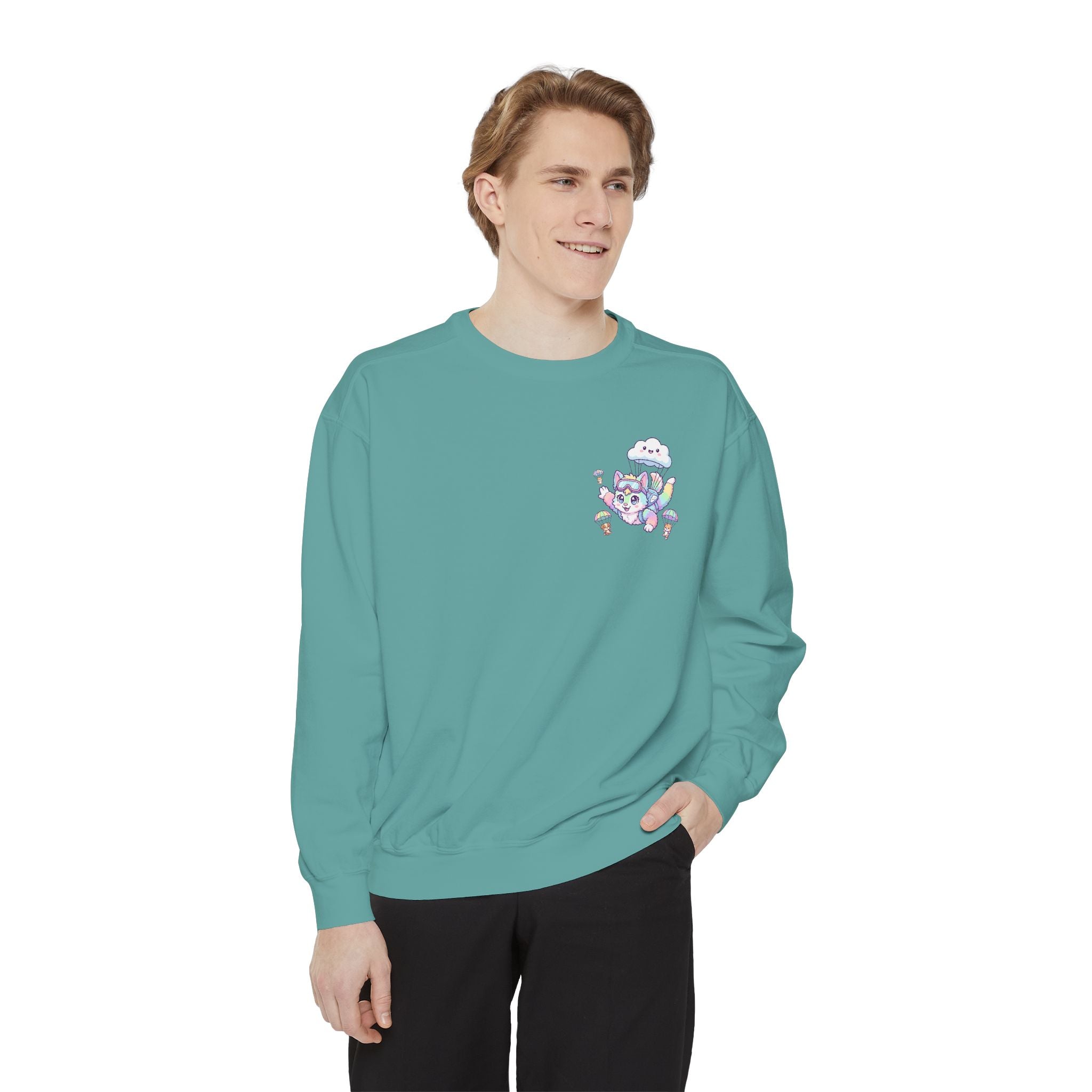 Cute Retro Rainbow Skydiving Furry Sweatshirt | Pocket Graphic T-Shirt
