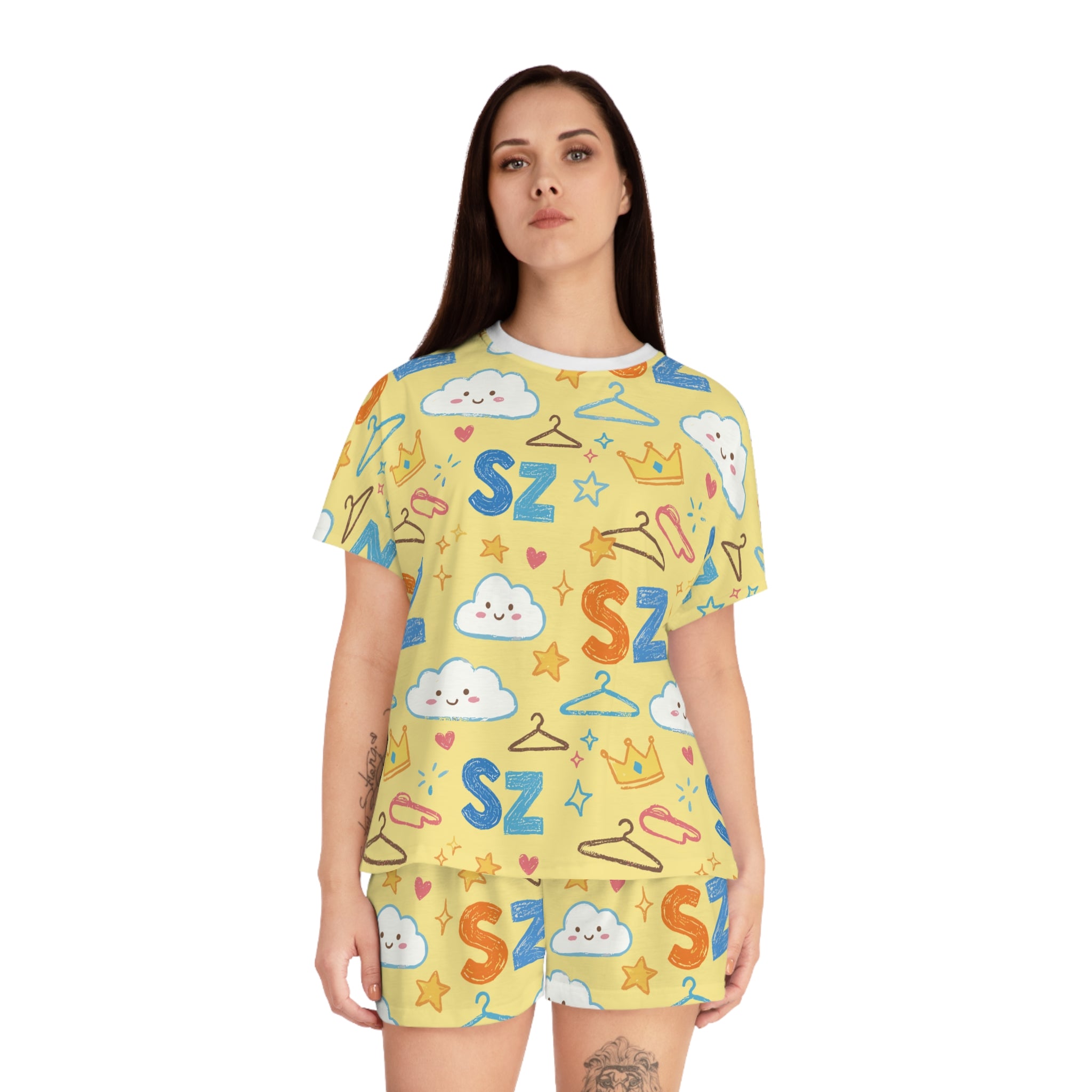 Women's Short Pajama Set - Cute Yellow 'SZ' Cloud & Crown All-Over Print