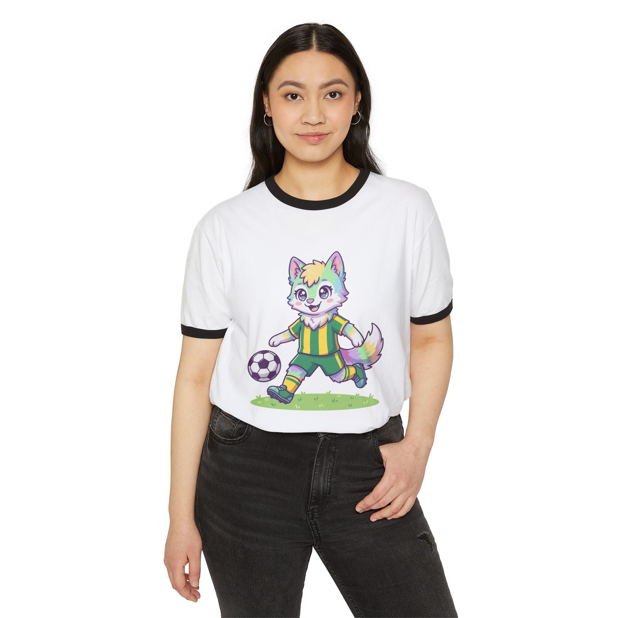 Soccer Rainbow Fox Kids Ringer T-Shirt | Cute Cartoon Fox Playing Soccer