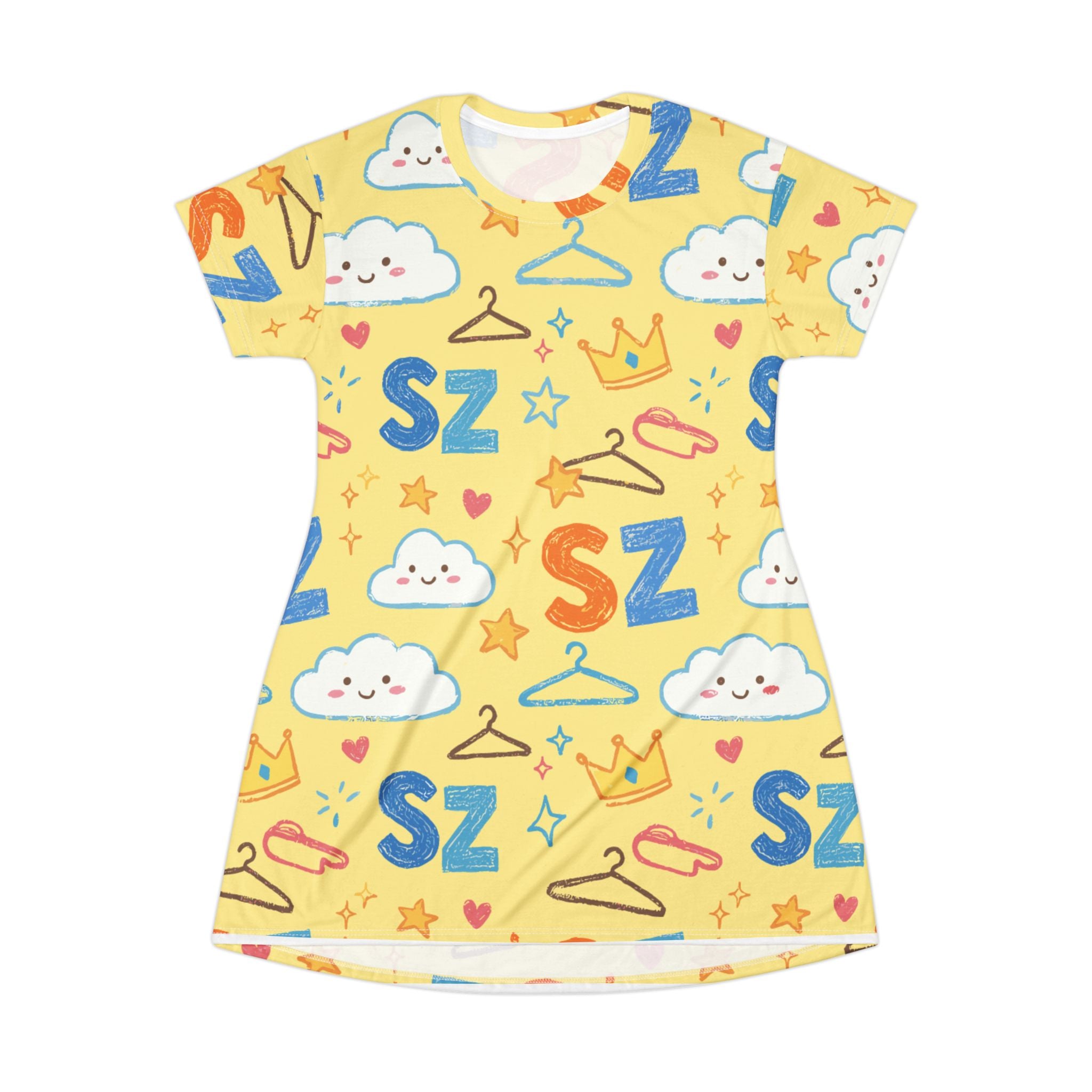 Kids' Yellow SZ Pattern T-Shirt Dress — Cute Clouds, Crowns & Hangers All-Over Print