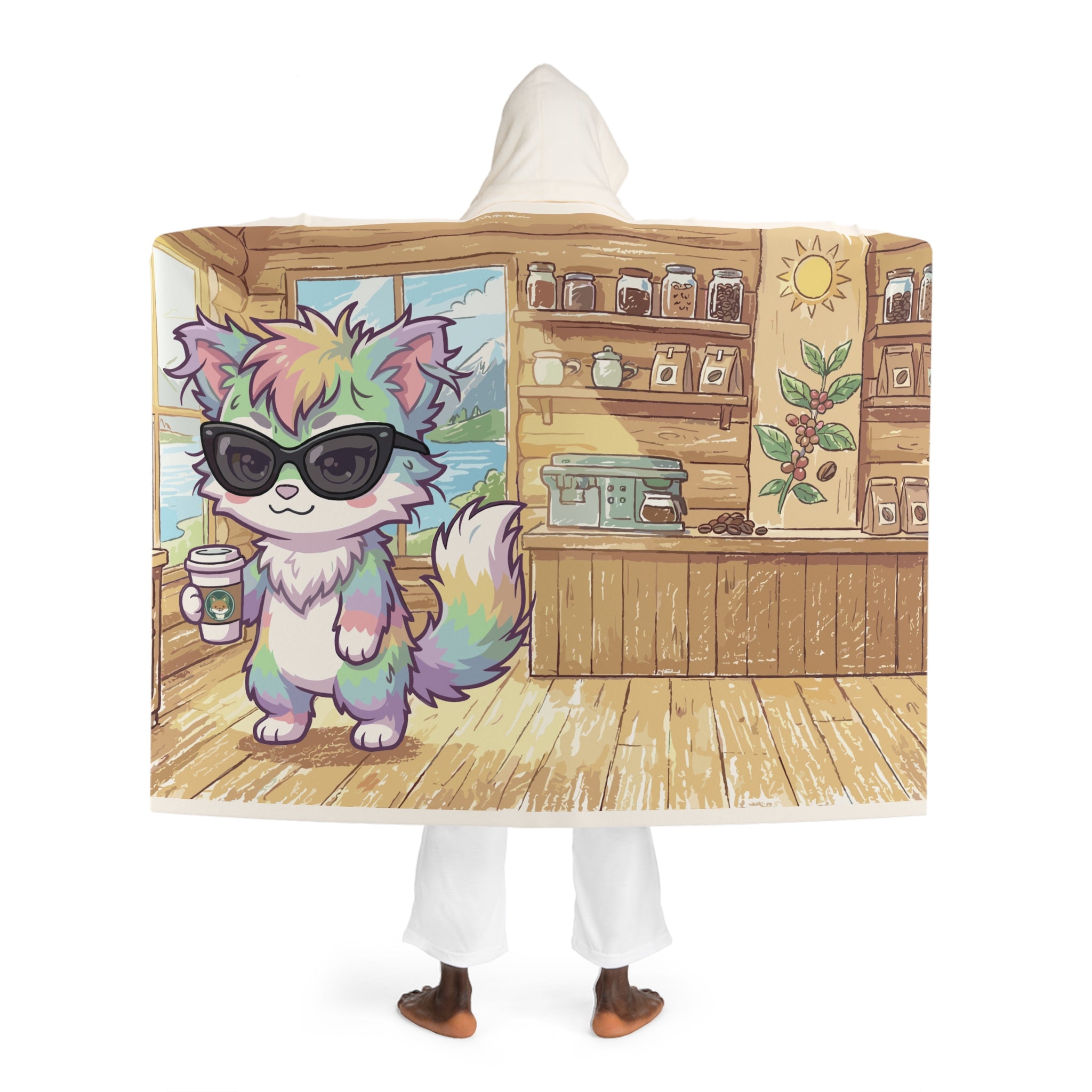 Hooded Blanket — Cozy Sherpa Hoodie Blanket with Cute Coffee Cat Design