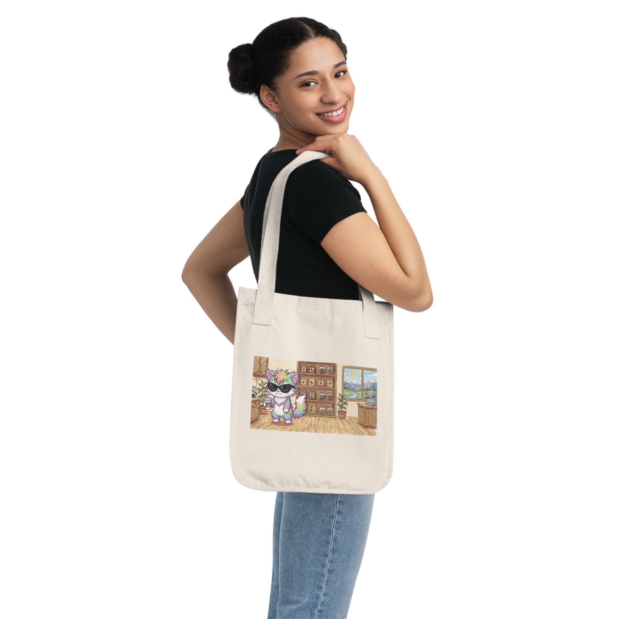Coffee Cute Cat Bookshop Tote — Organic Canvas Bag with Sunglasses Cat Illustration