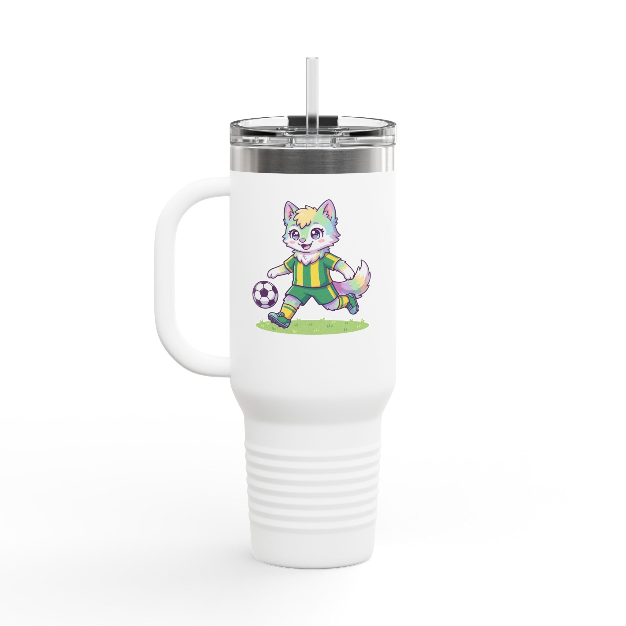 40oz Insulated Travel Mug — Cute Soccer Pastel Fox Design
