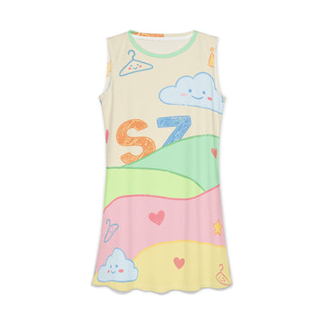 Pastel Cloud Print Dress — Cute Rainbow AOP Women's Casual Dress