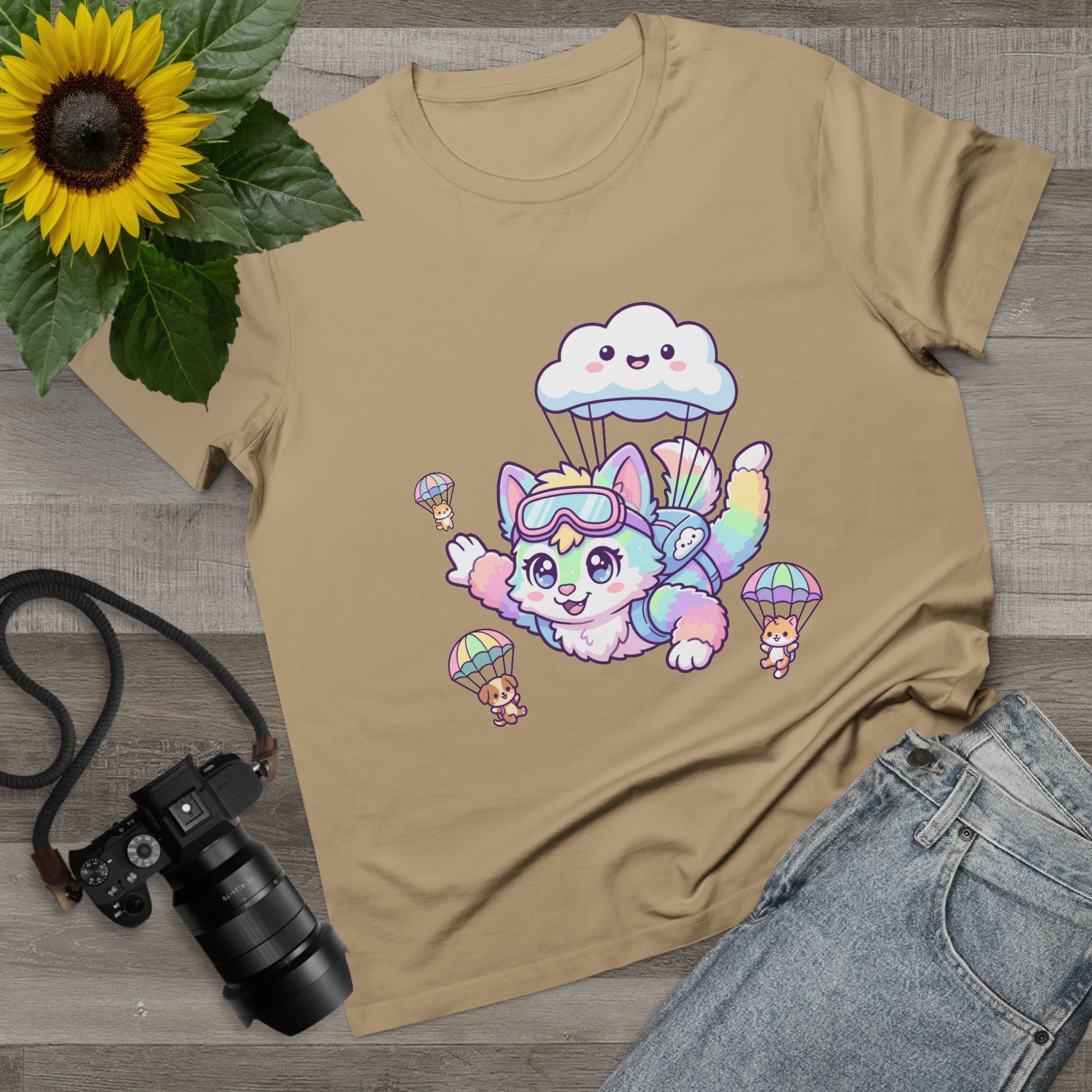 Pastel Rainbow Furry Skydiving Character Tee | Cute Pet Pals