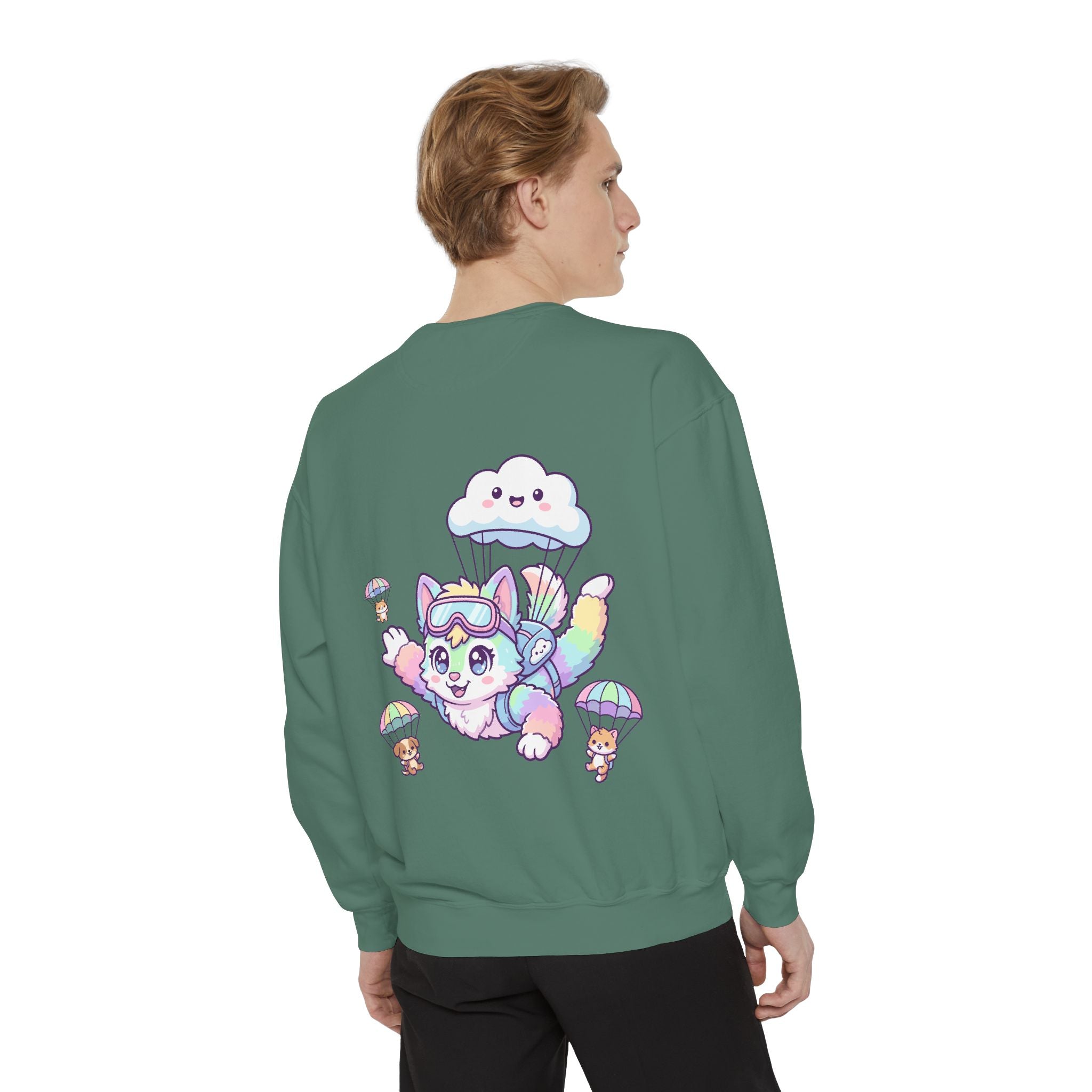 Cute Retro Rainbow Skydiving Furry Sweatshirt | Pocket Graphic T-Shirt