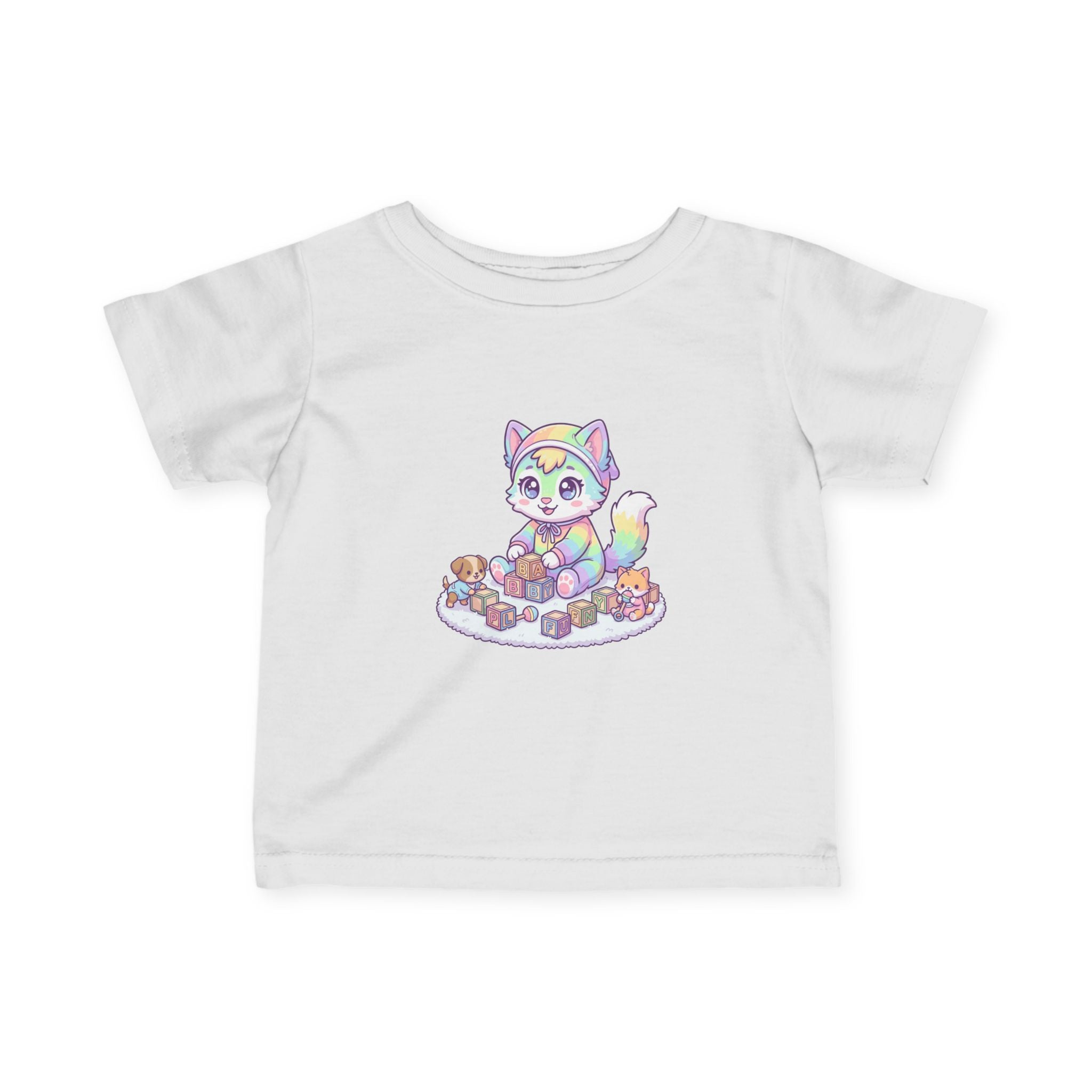 Pastel Rainbow Kitten Infant Tee – Cute Kitty with Toy Blocks