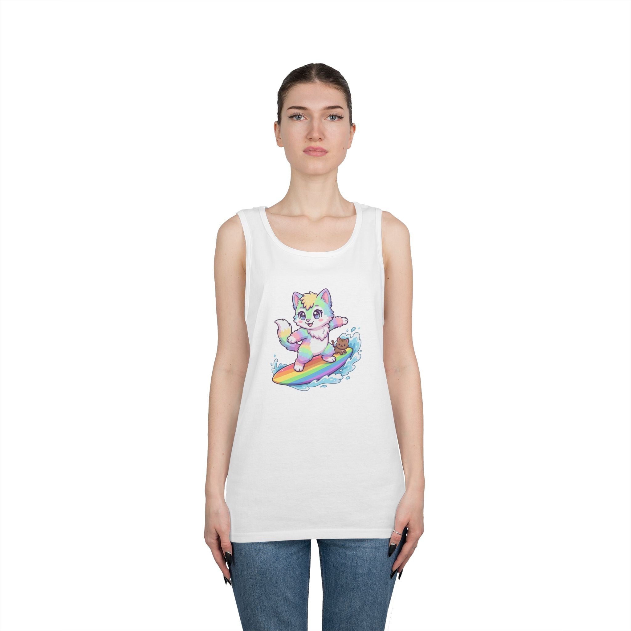 Kawaii Cat Surfing Rainbow Tank