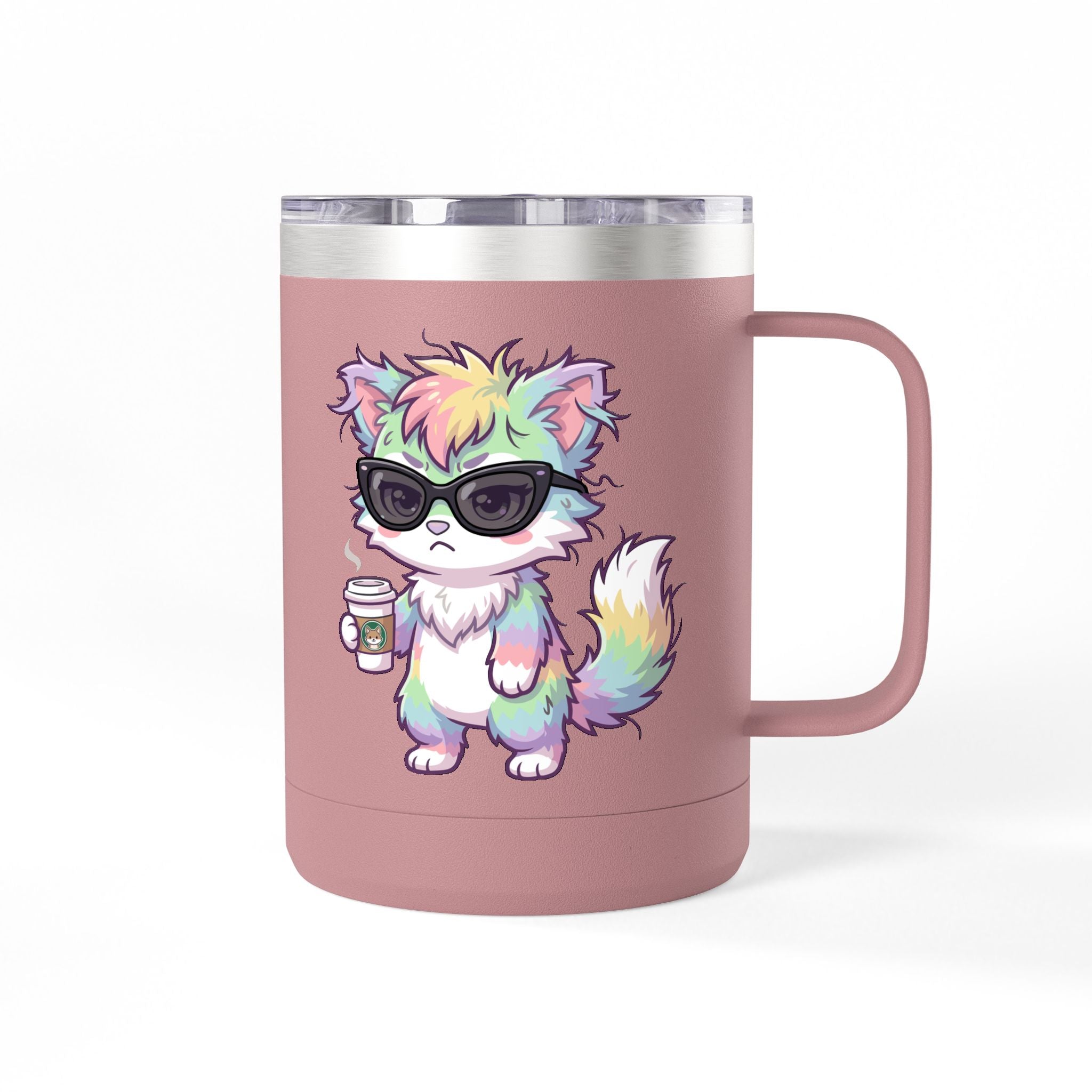 15oz Travel Mug – Cute Grumpy Rainbow Furry with Coffee