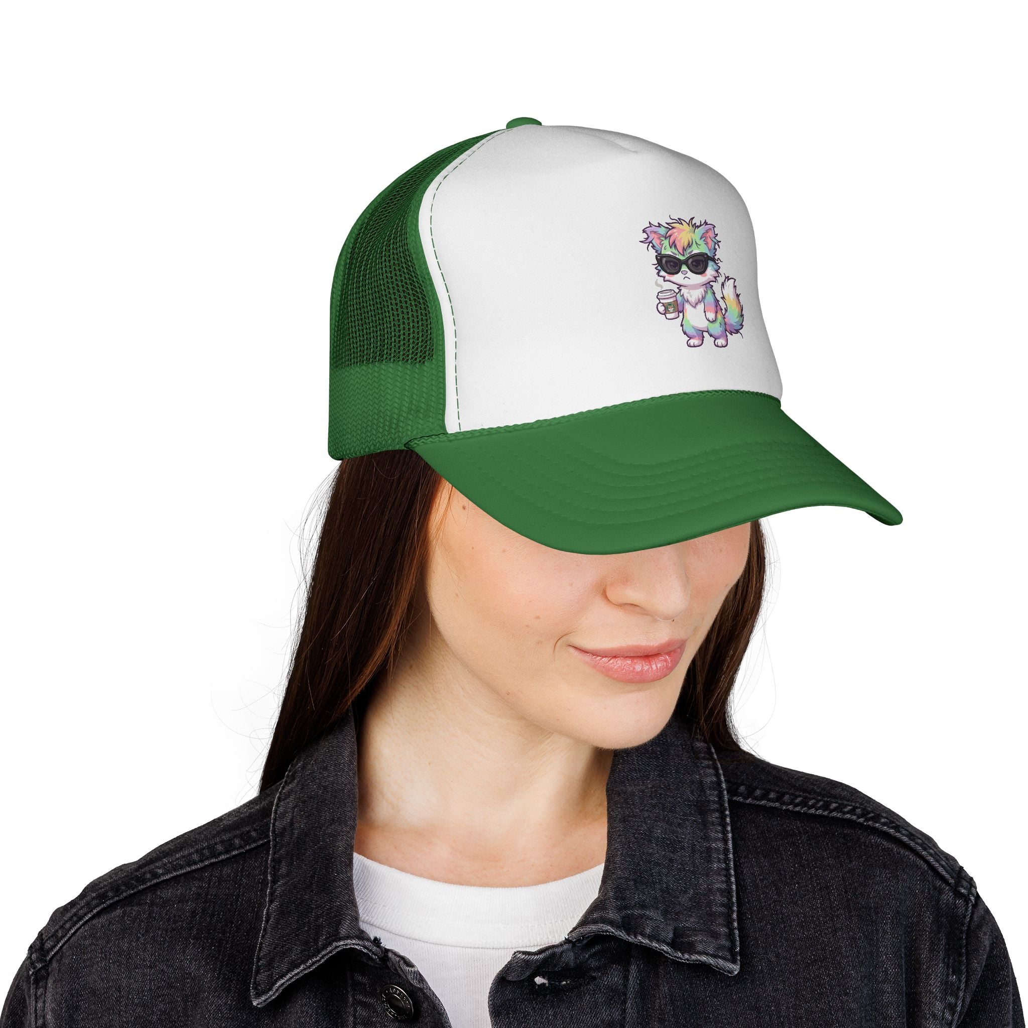 Grumpy Rainbow Furry Trucker Cap — Sunglasses Cute Mesh Back Hat