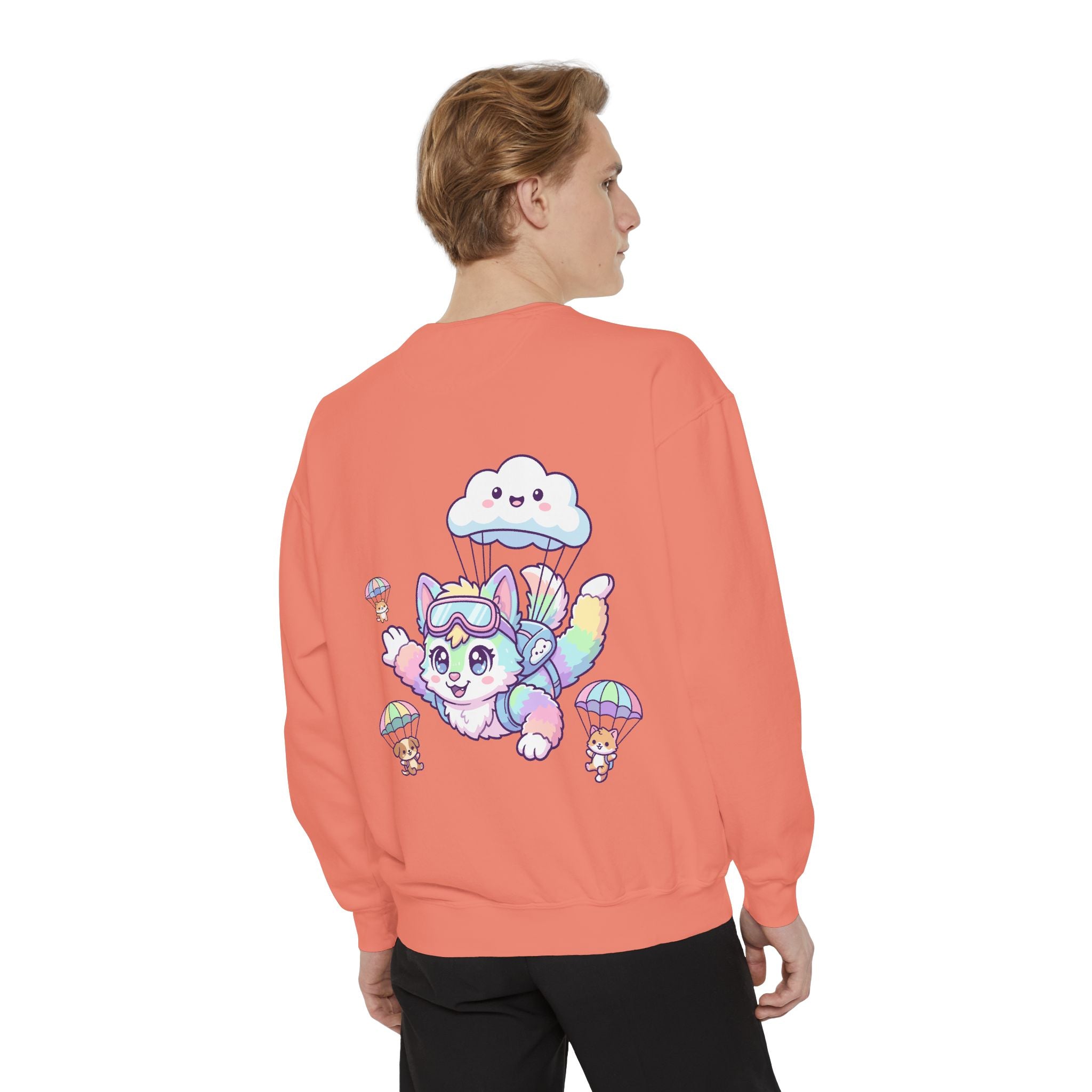 Cute Retro Rainbow Skydiving Furry Sweatshirt | Pocket Graphic T-Shirt