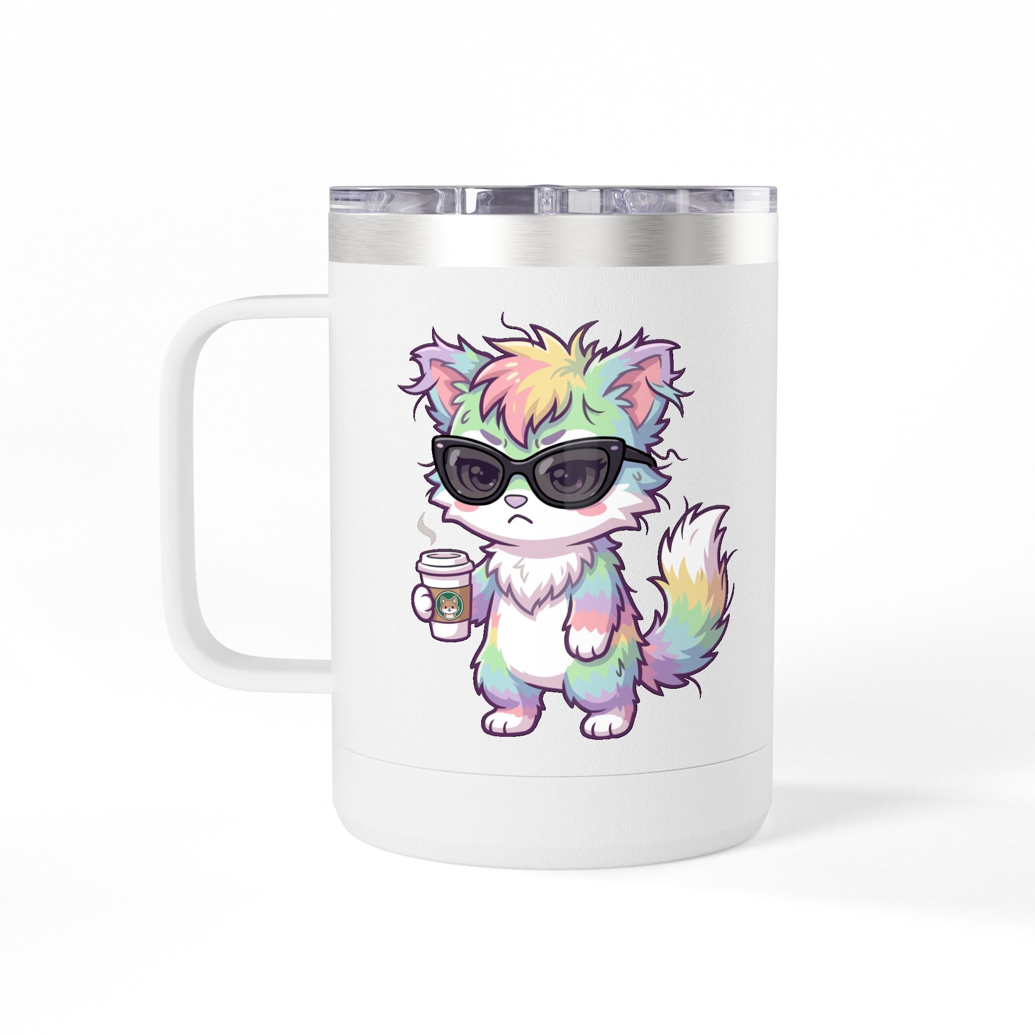 15oz Travel Mug – Cute Grumpy Rainbow Furry with Coffee