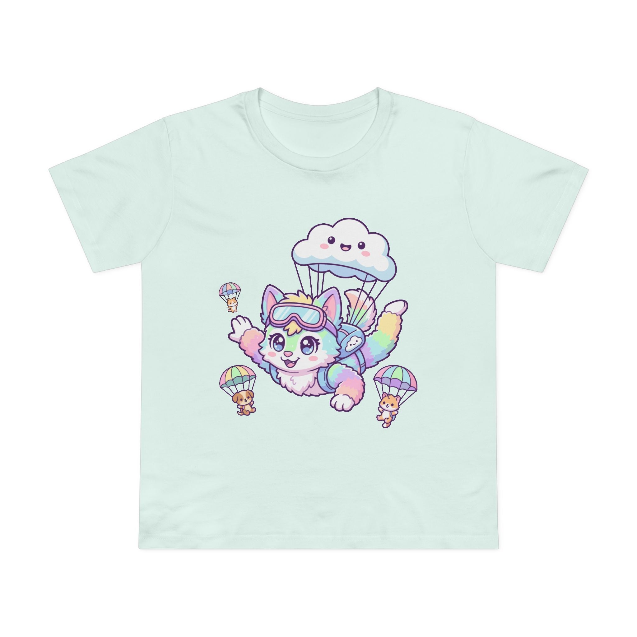 Pastel Rainbow Furry Skydiving Character Tee | Cute Pet Pals
