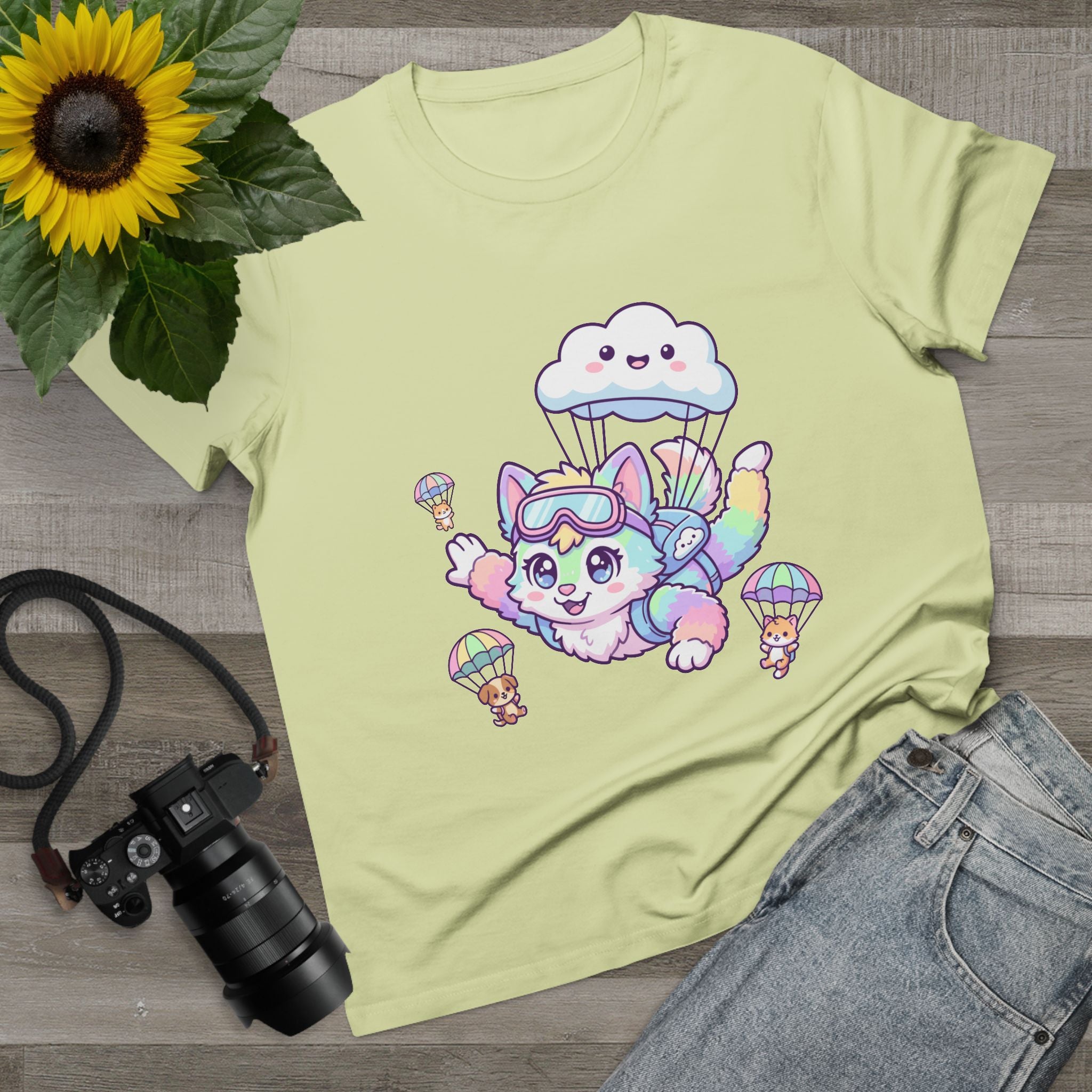 Pastel Rainbow Furry Skydiving Character Tee | Cute Pet Pals