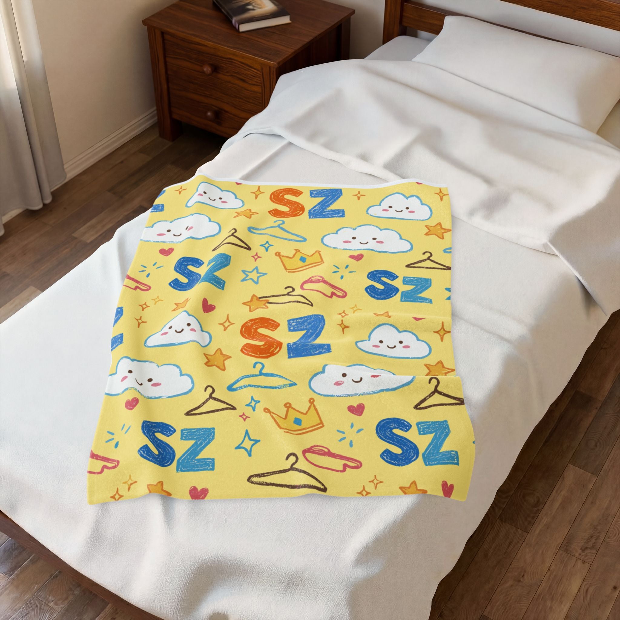 Plush Blanket - Yellow Sleepy Clouds & 'Zs' Kids Velveteen Throw