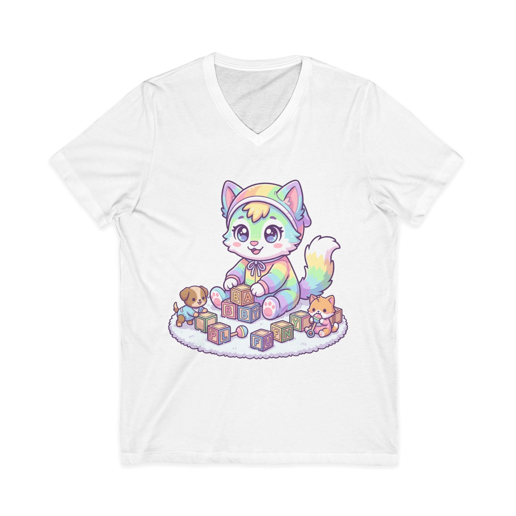 Baby Kawaii Rainbow Kitten Playing With Blocks V-Neck Tee
