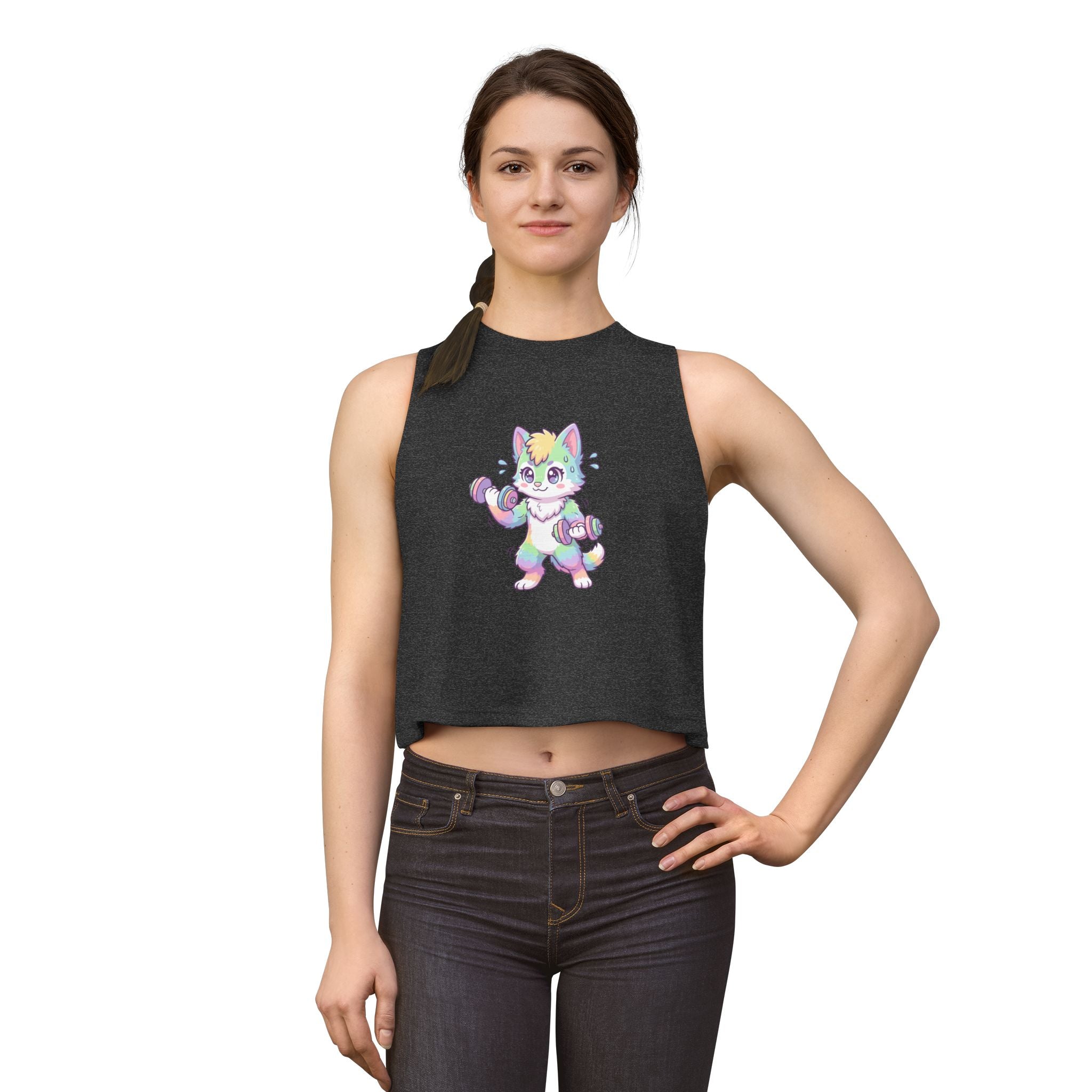 Lift Cute Pastel Fitness Cat Crop Top — Rainbow Kitty with Dumbbells