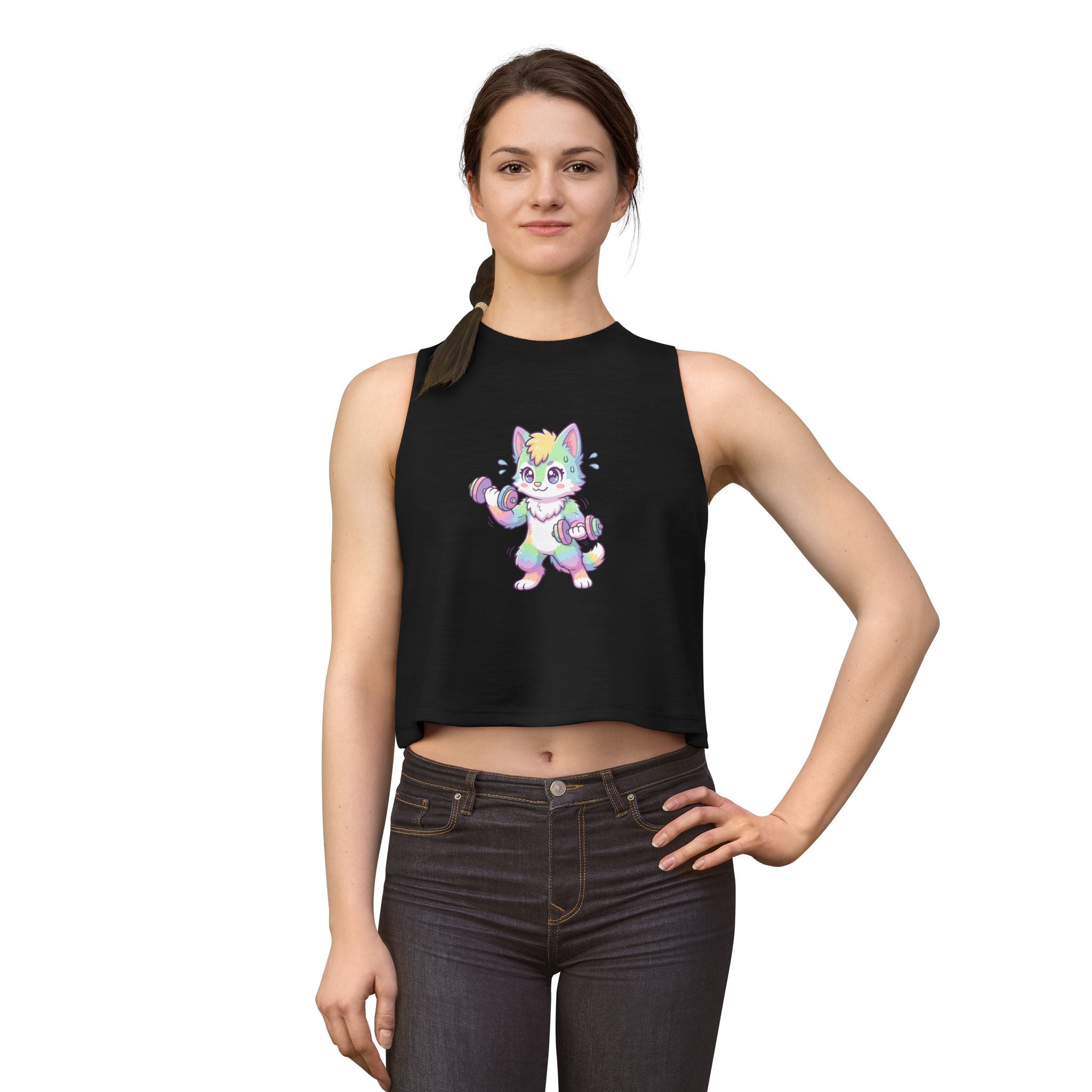 Lift Cute Pastel Fitness Cat Crop Top — Rainbow Kitty with Dumbbells