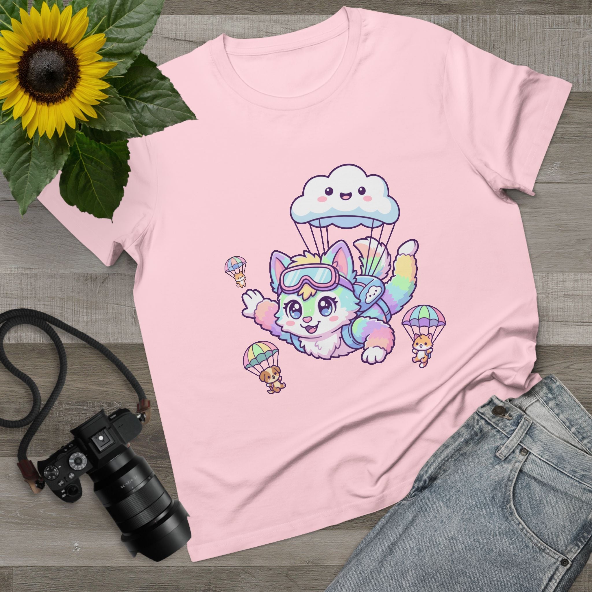 Pastel Rainbow Furry Skydiving Character Tee | Cute Pet Pals