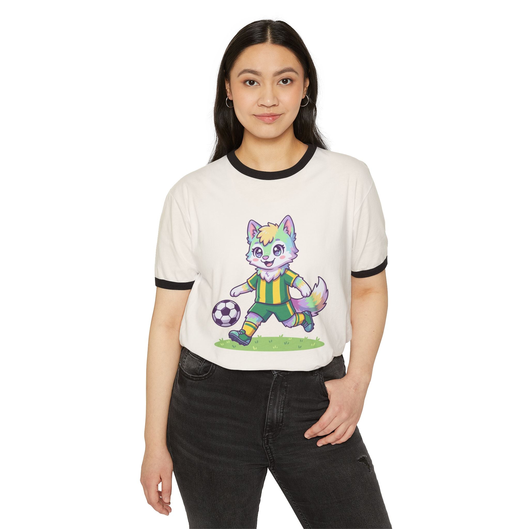 Soccer Rainbow Fox Kids Ringer T-Shirt | Cute Cartoon Fox Playing Soccer
