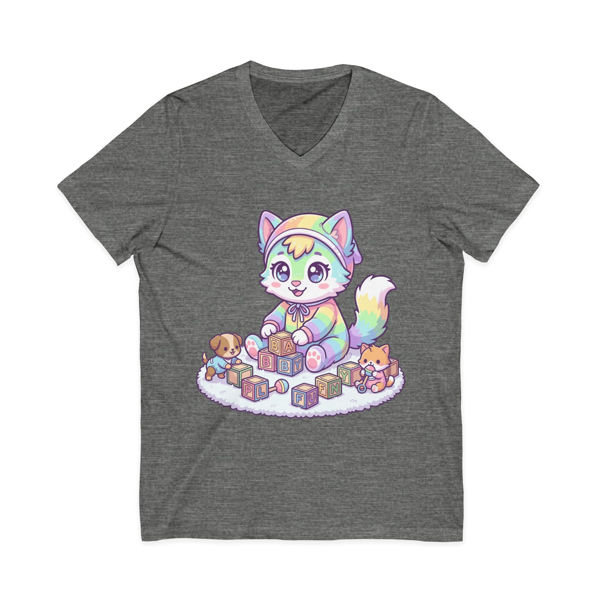 Baby Kawaii Rainbow Kitten Playing With Blocks V-Neck Tee