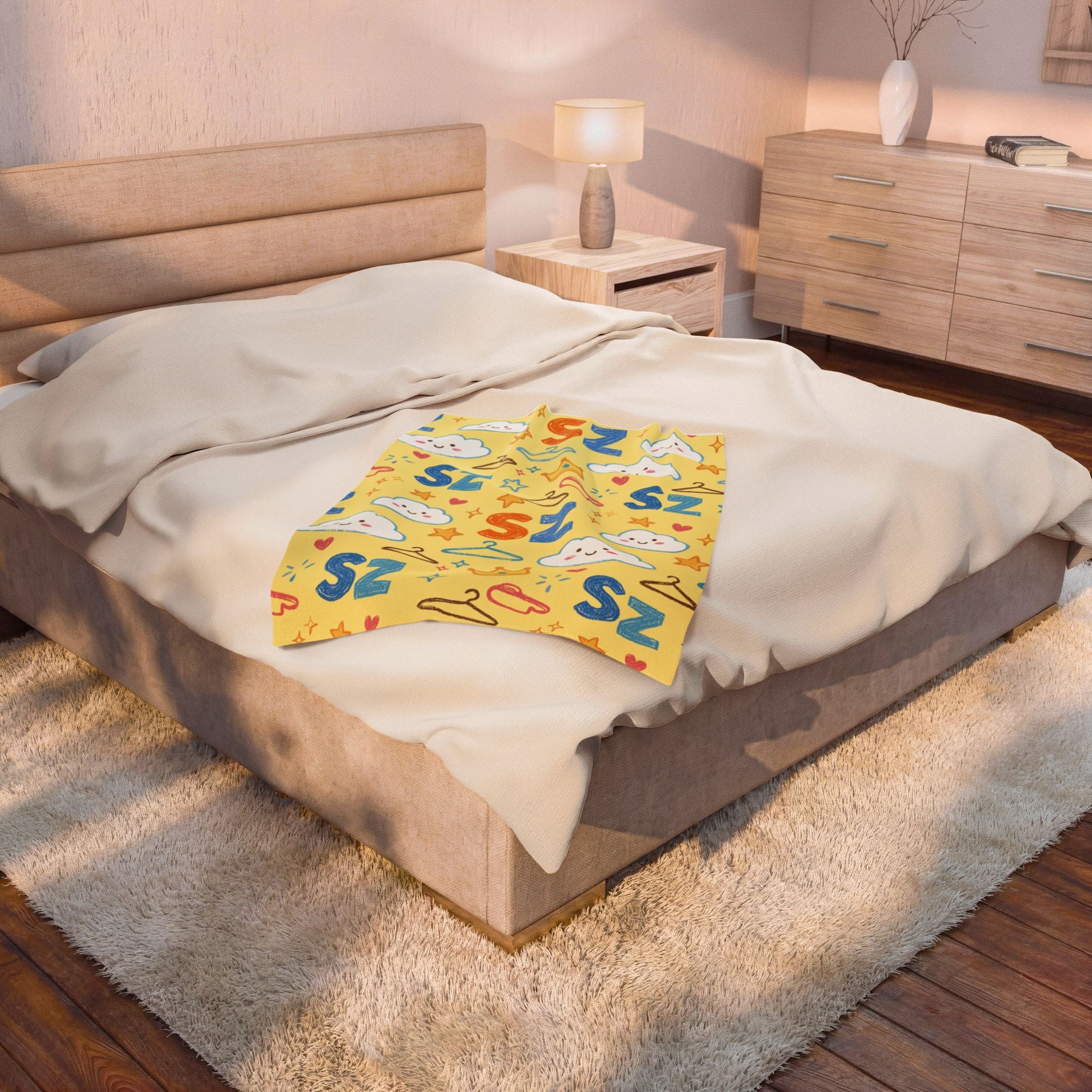 Plush Blanket - Yellow Sleepy Clouds & 'Zs' Kids Velveteen Throw