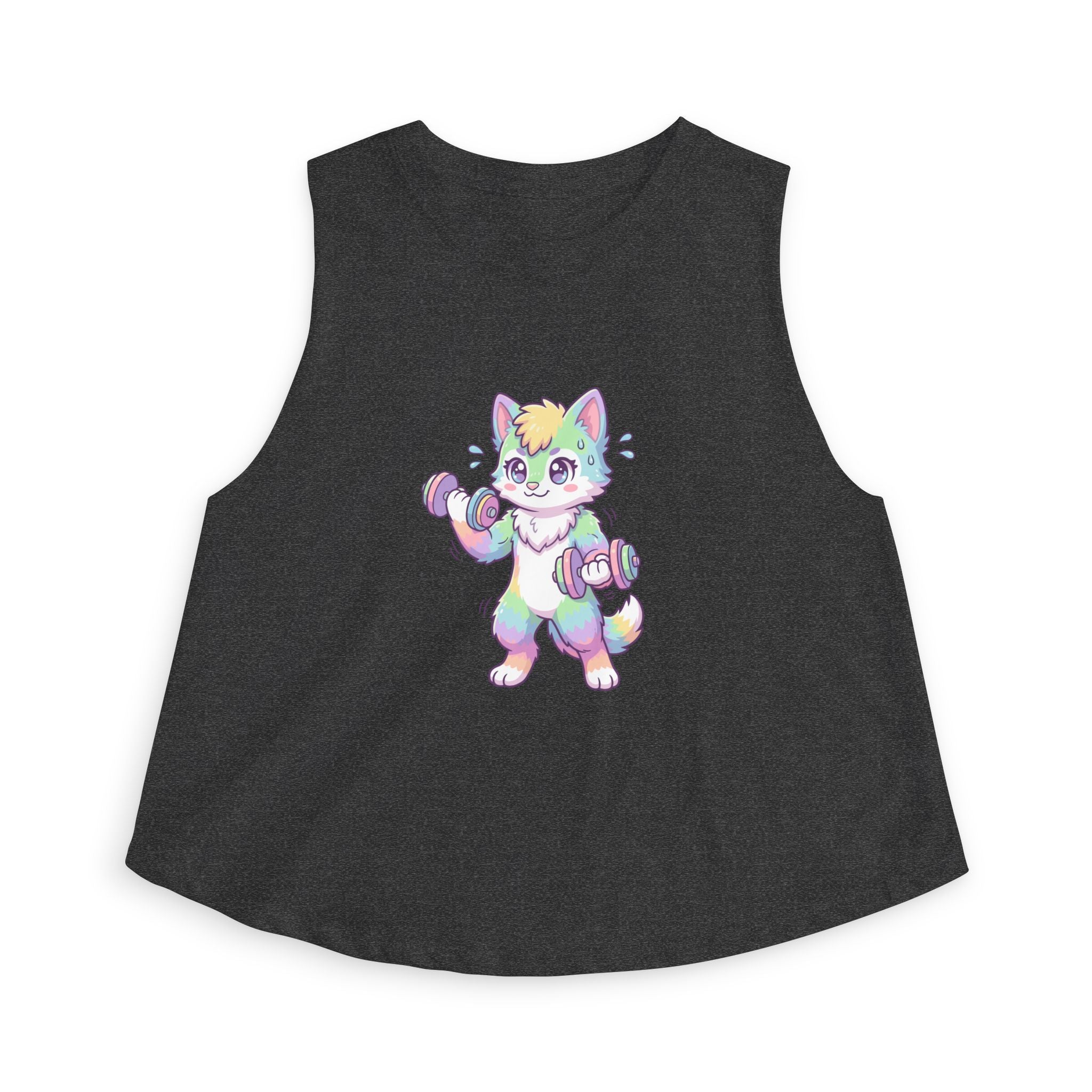 Lift Cute Pastel Fitness Cat Crop Top — Rainbow Kitty with Dumbbells