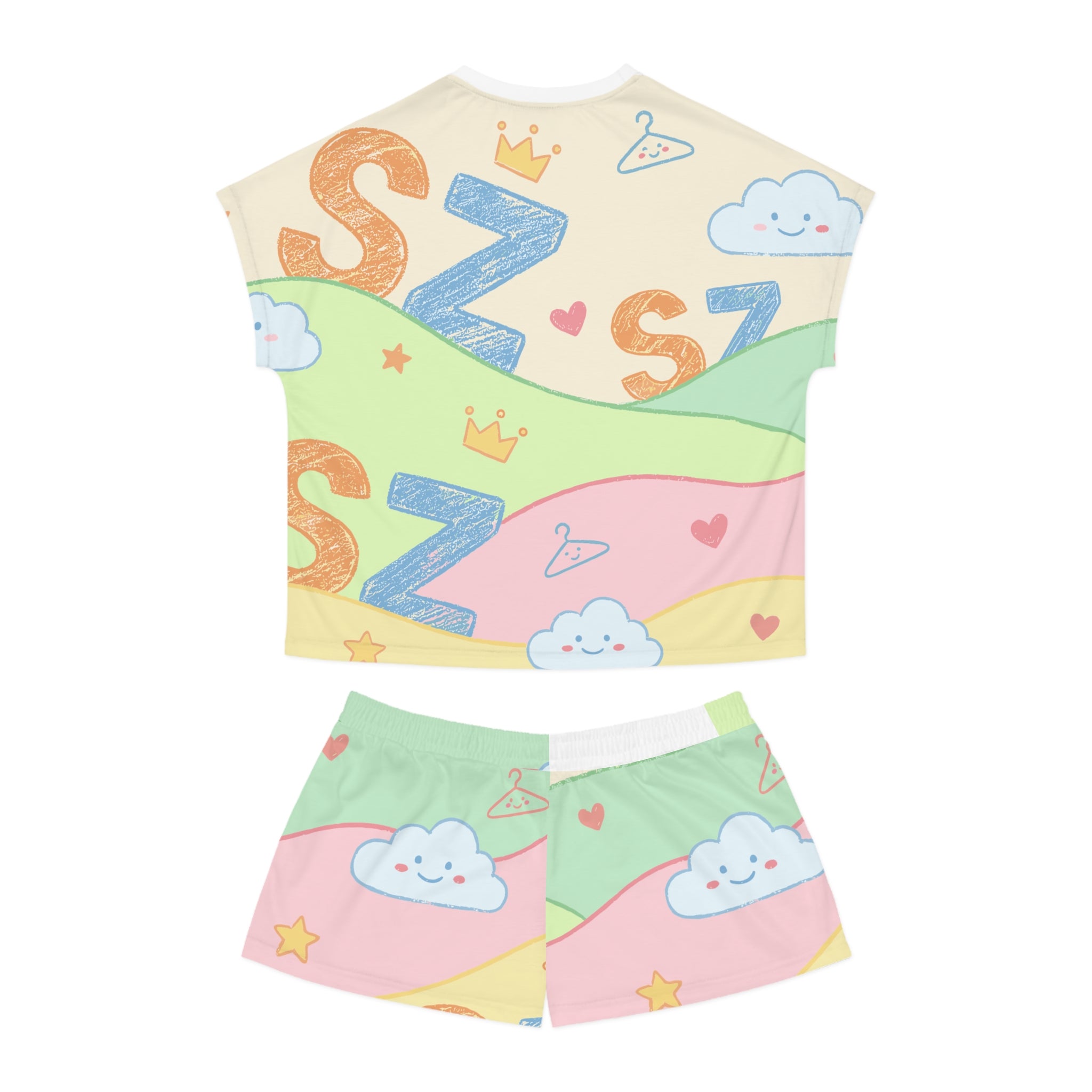 Cute 'S Z' Cloud Pattern Women's Short Pajama Set — Pastel Kawaii Sleepwear