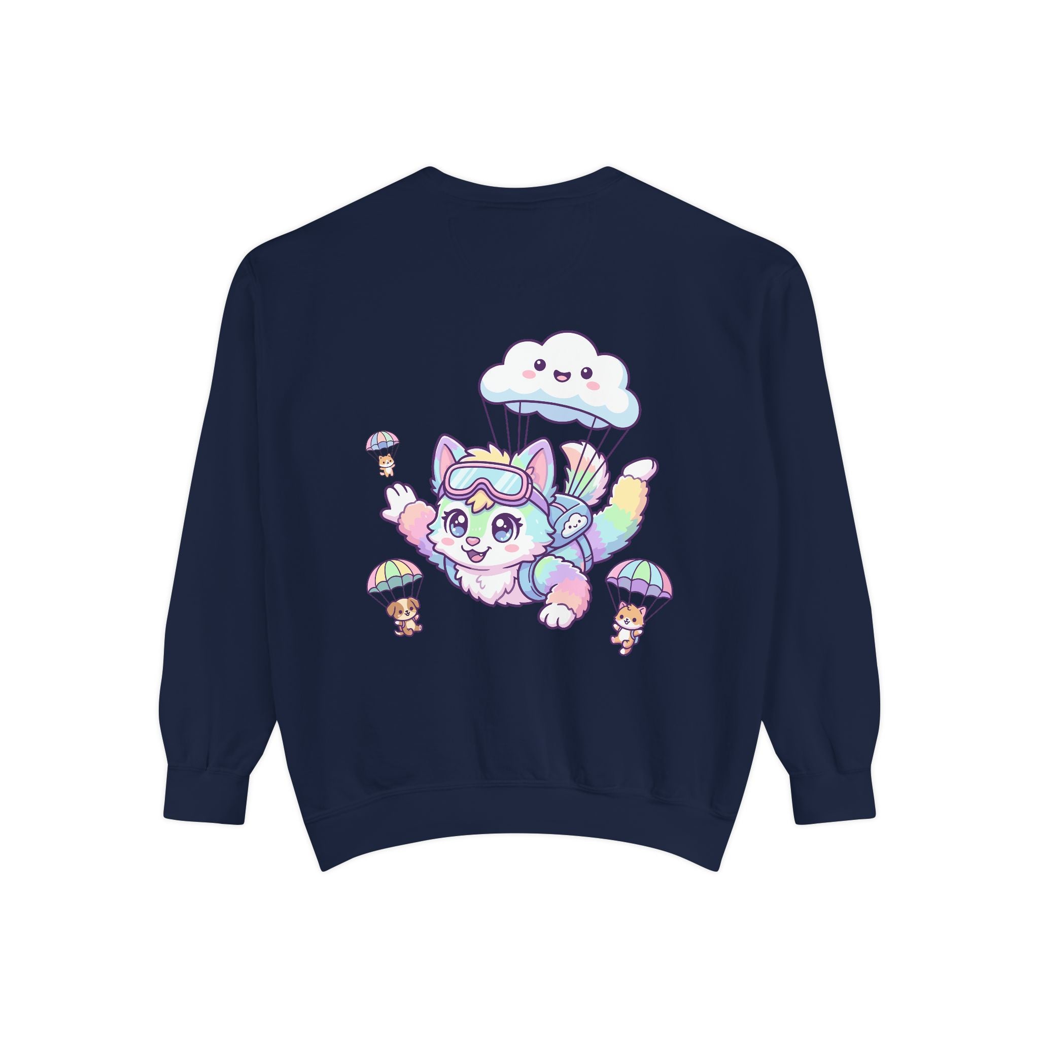 Cute Retro Rainbow Skydiving Furry Sweatshirt | Pocket Graphic T-Shirt