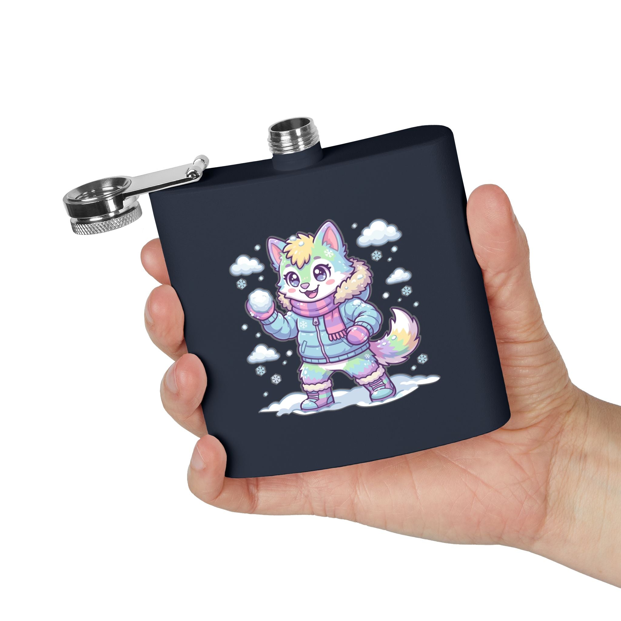 6oz Stainless Steel Flask — Cute Pastel Arctic Pup Snowball Design
