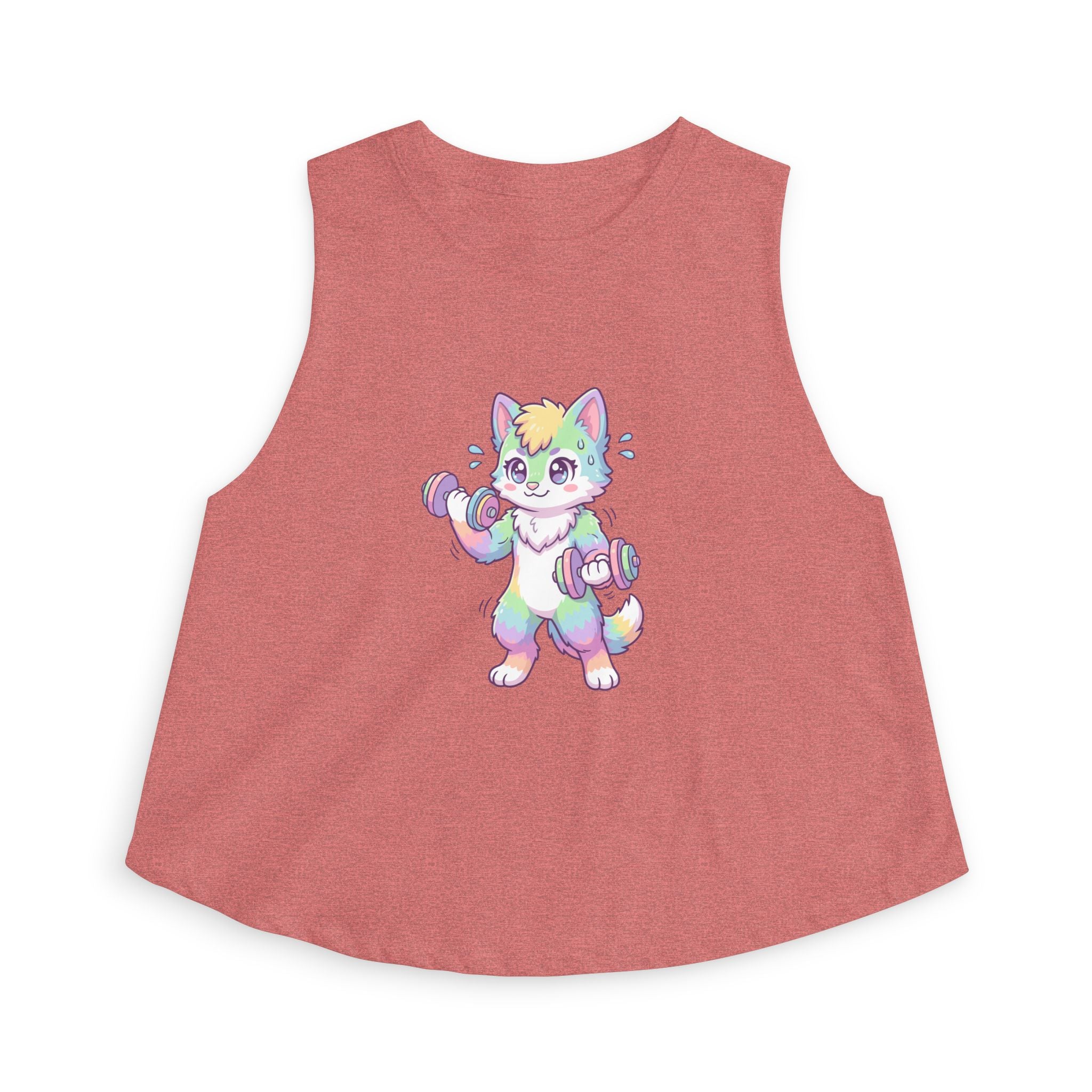 Lift Cute Pastel Fitness Cat Crop Top — Rainbow Kitty with Dumbbells