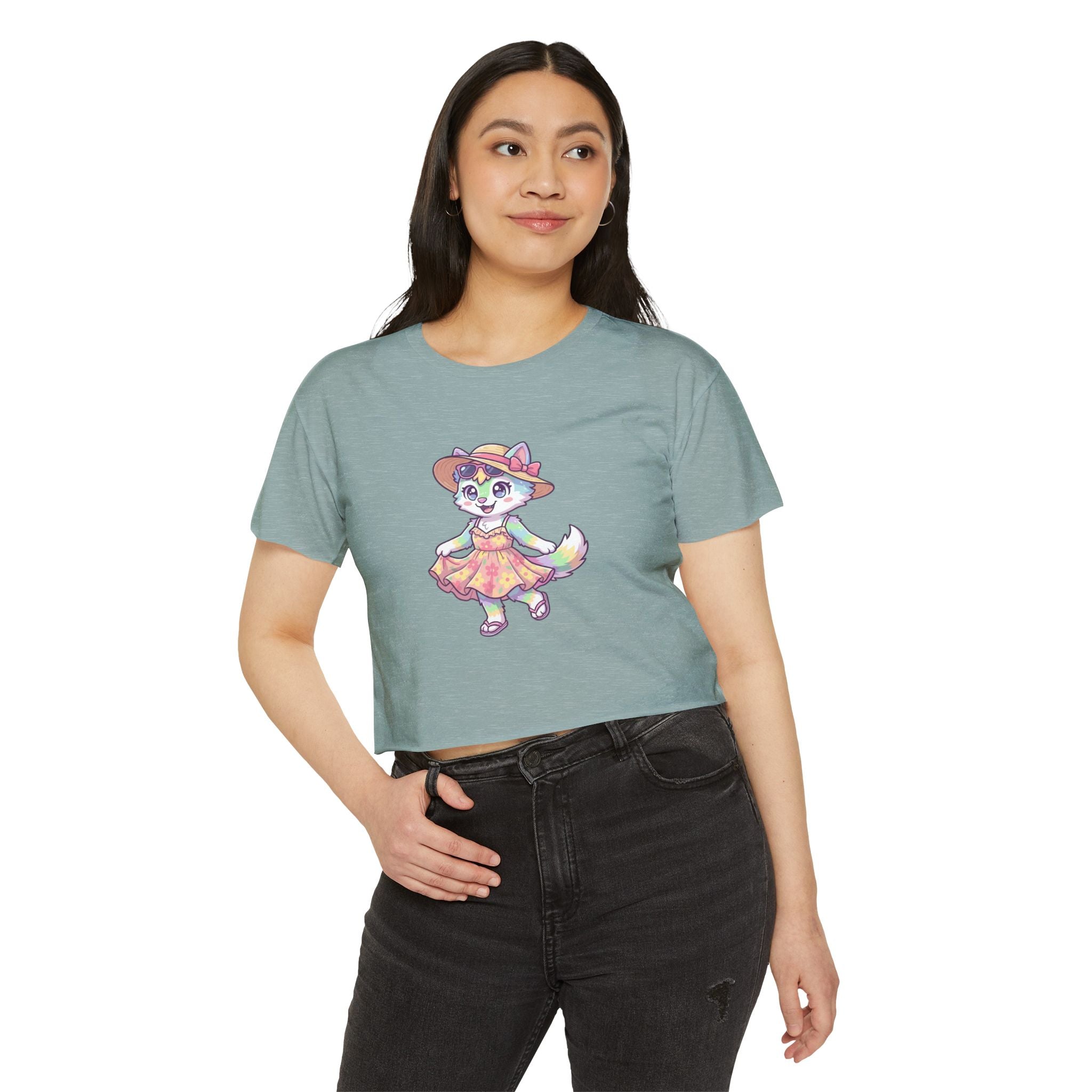 Summer Kawaii Festival Fox Crop Top — Cute Colorful Dancing Fox Graphic