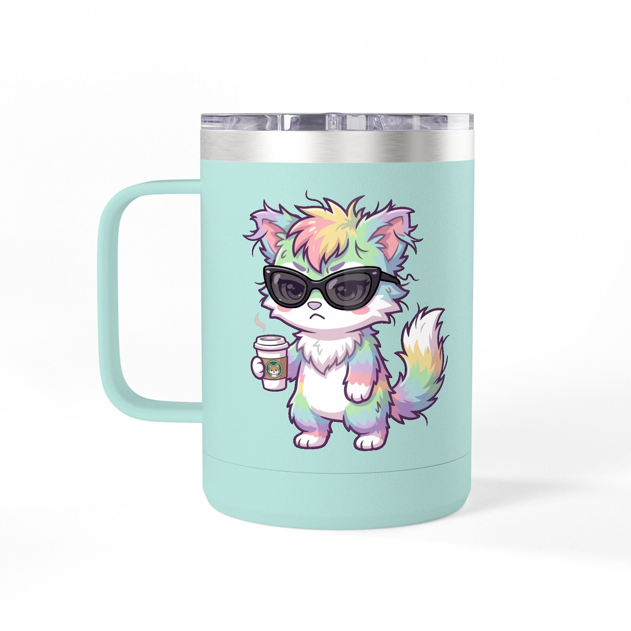 15oz Travel Mug – Cute Grumpy Rainbow Furry with Coffee