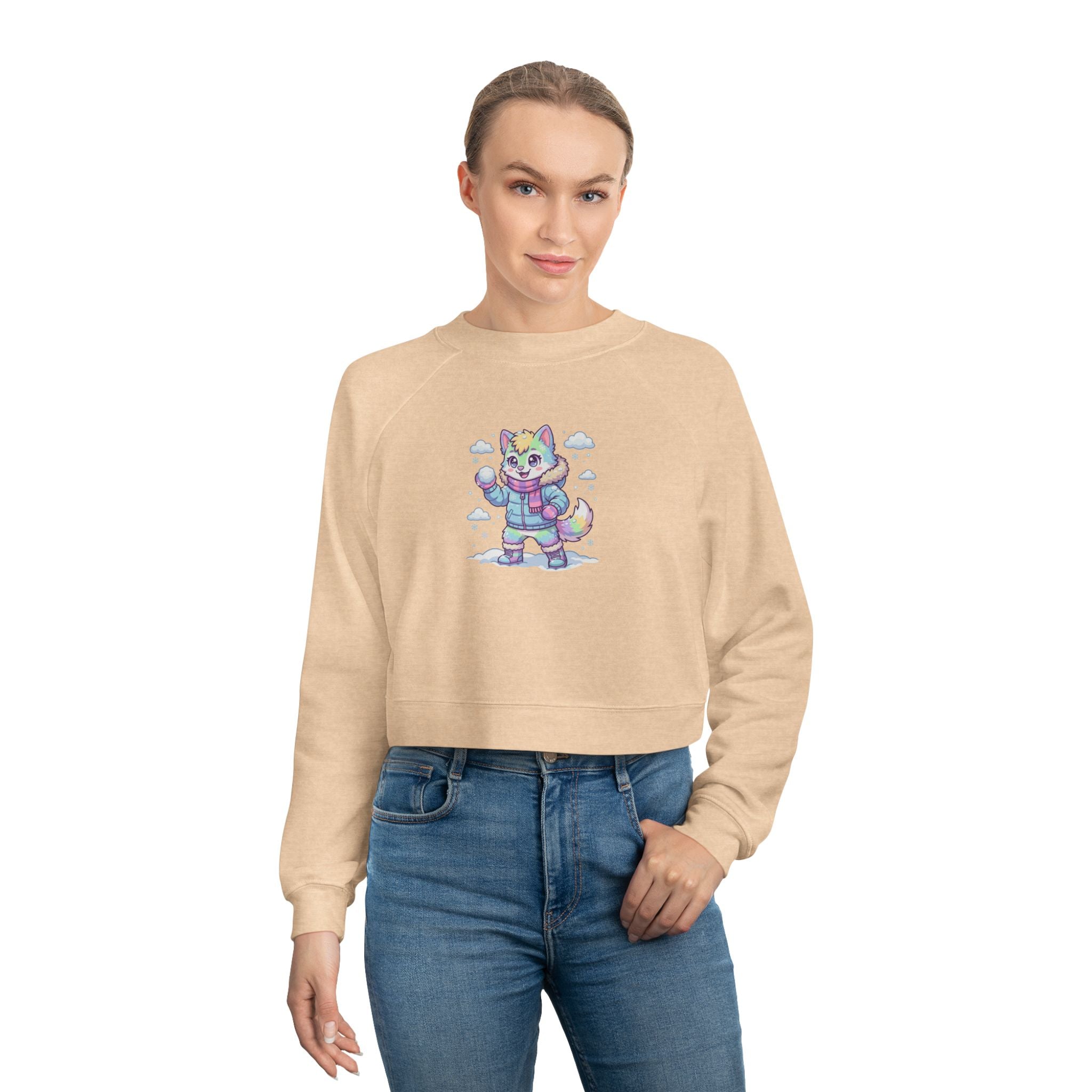 Winter Cropped Pullover | Pastel Lucky Cat Snowball Graphic